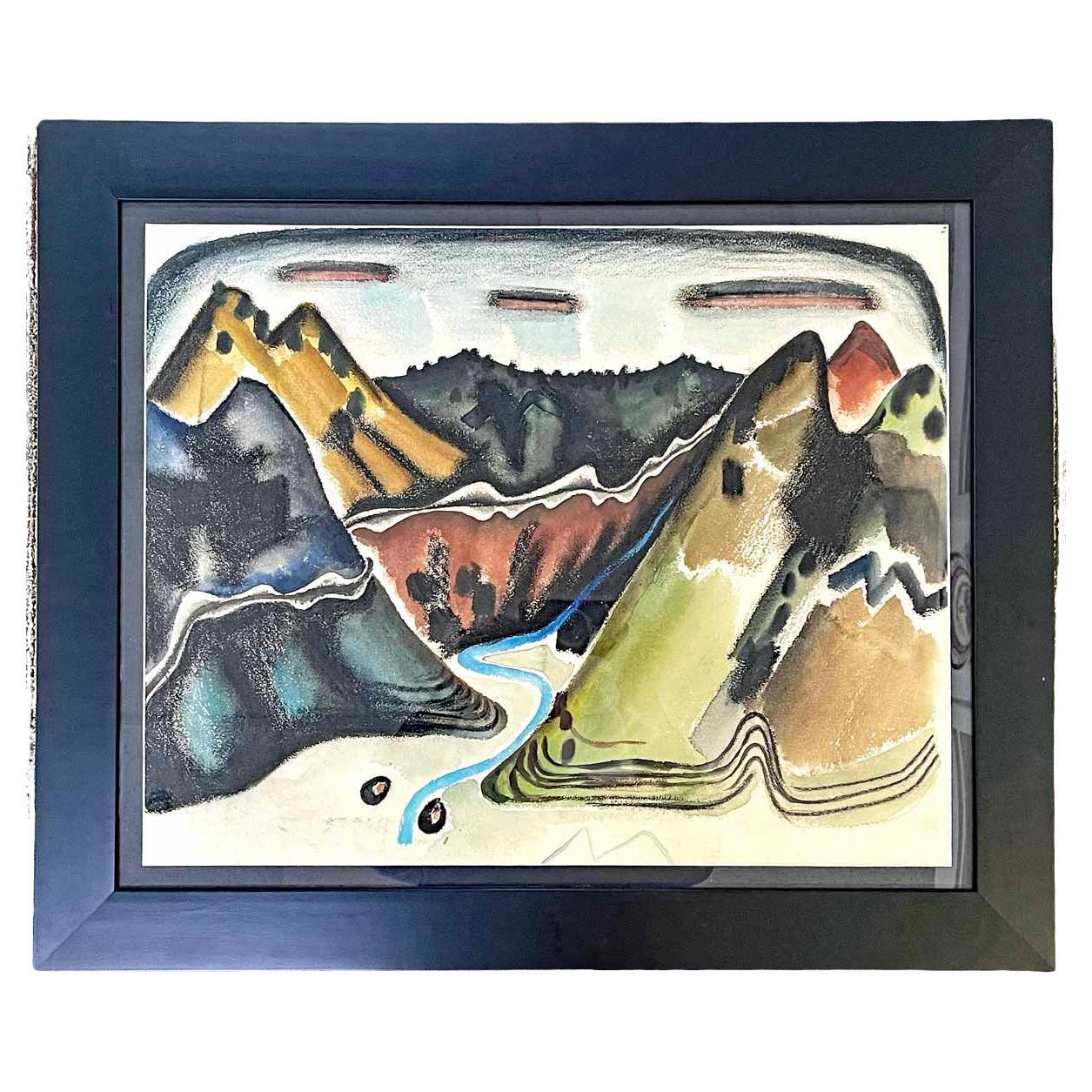 "Valle del fiume del Nuovo Messico", dipinto del 1920, nero, verde e blu, atr. Applegate