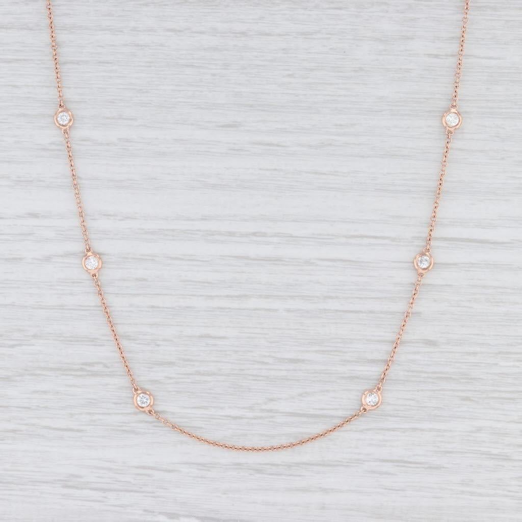 Gem: Natural Diamonds - 1.20 Total Carats, Round Brilliant Cut, G - J Color, I1 - I2 Clarity
Metal: 14k Rose Gold
Weight: 5 Grams 
Stamps: 14k, 585
Style: Diamond Station Cable Chain
Closure: Lobster Clasp
Length: 18