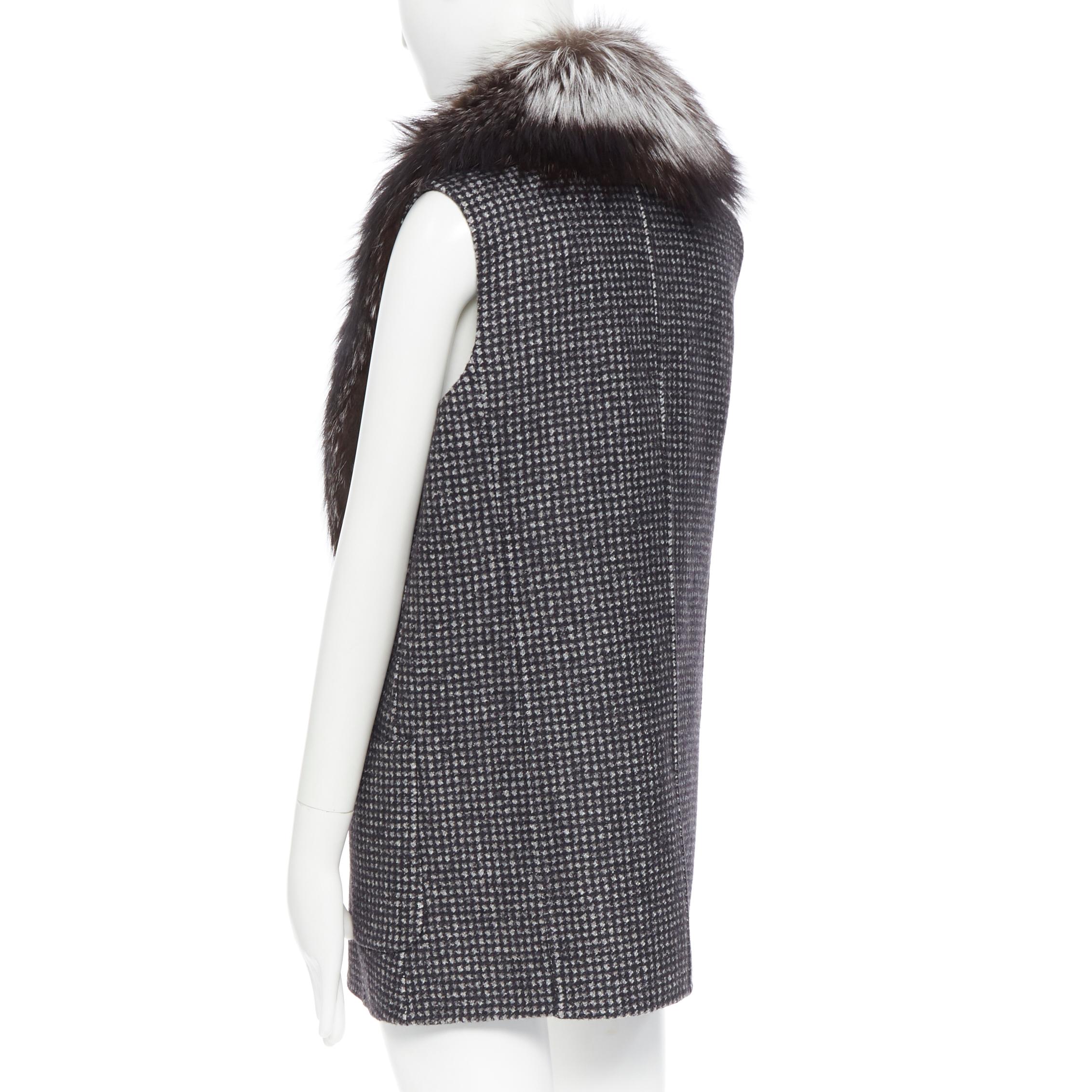 Women's new MICHAEL KORS COLLECTION AW17 fox fur collar grey checked  wool vest US2 XS