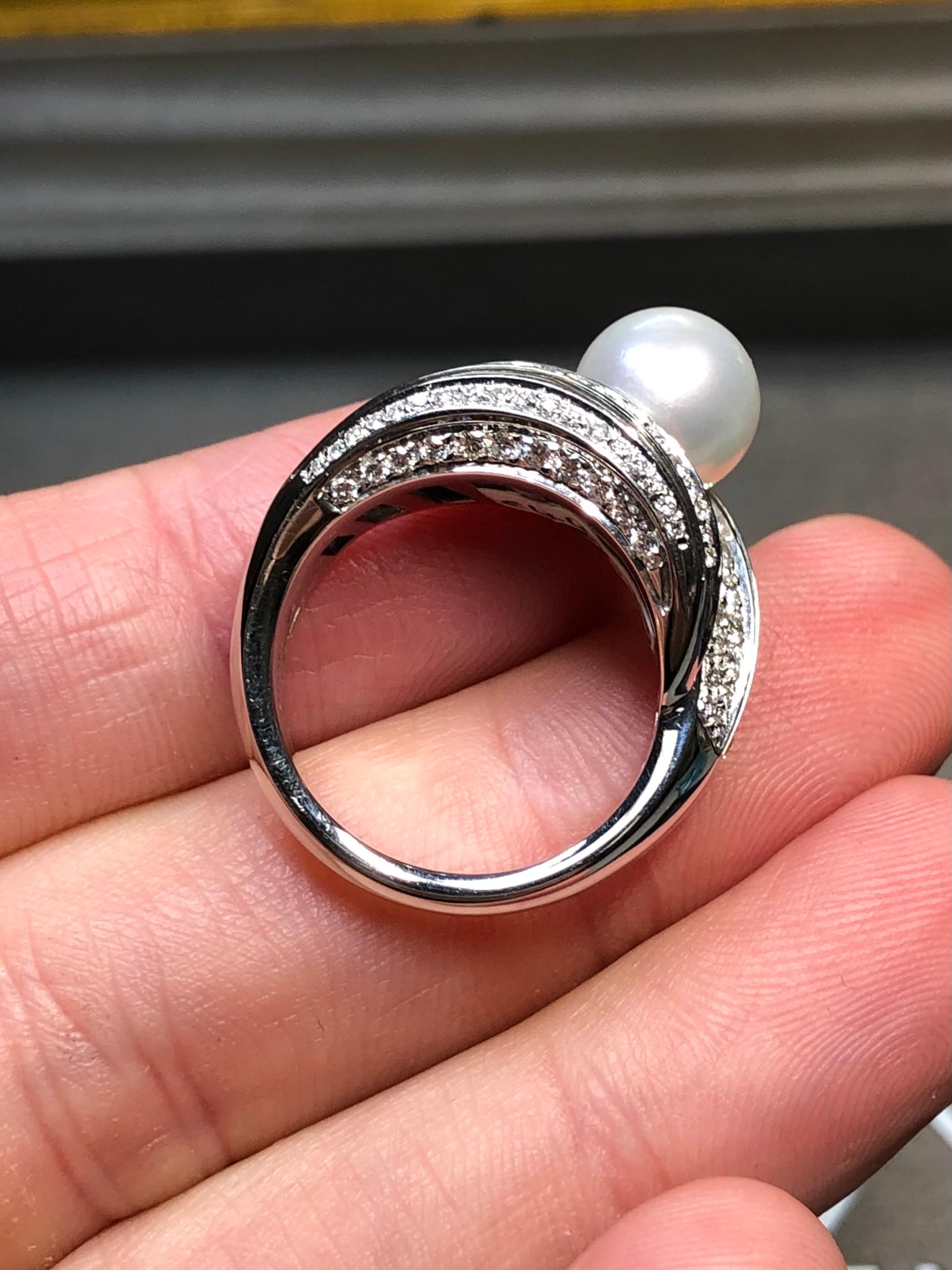 NEW Mikawa For Damiani 18K White Gold Diamond Pearl Bypass Cocktail Ring 2.40ctw For Sale 4