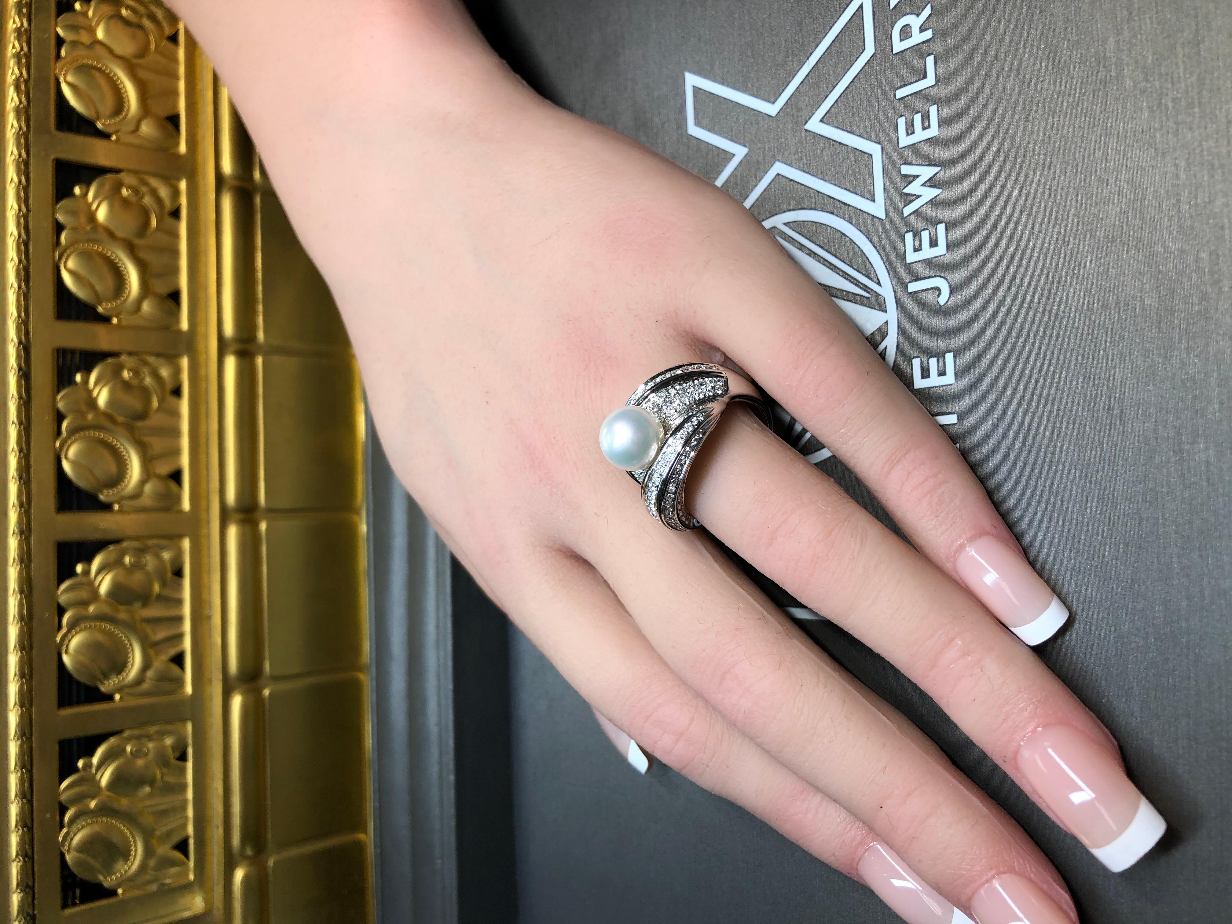 NEW Mikawa For Damiani 18K White Gold Diamond Pearl Bypass Cocktail Ring 2.40ctw For Sale 5