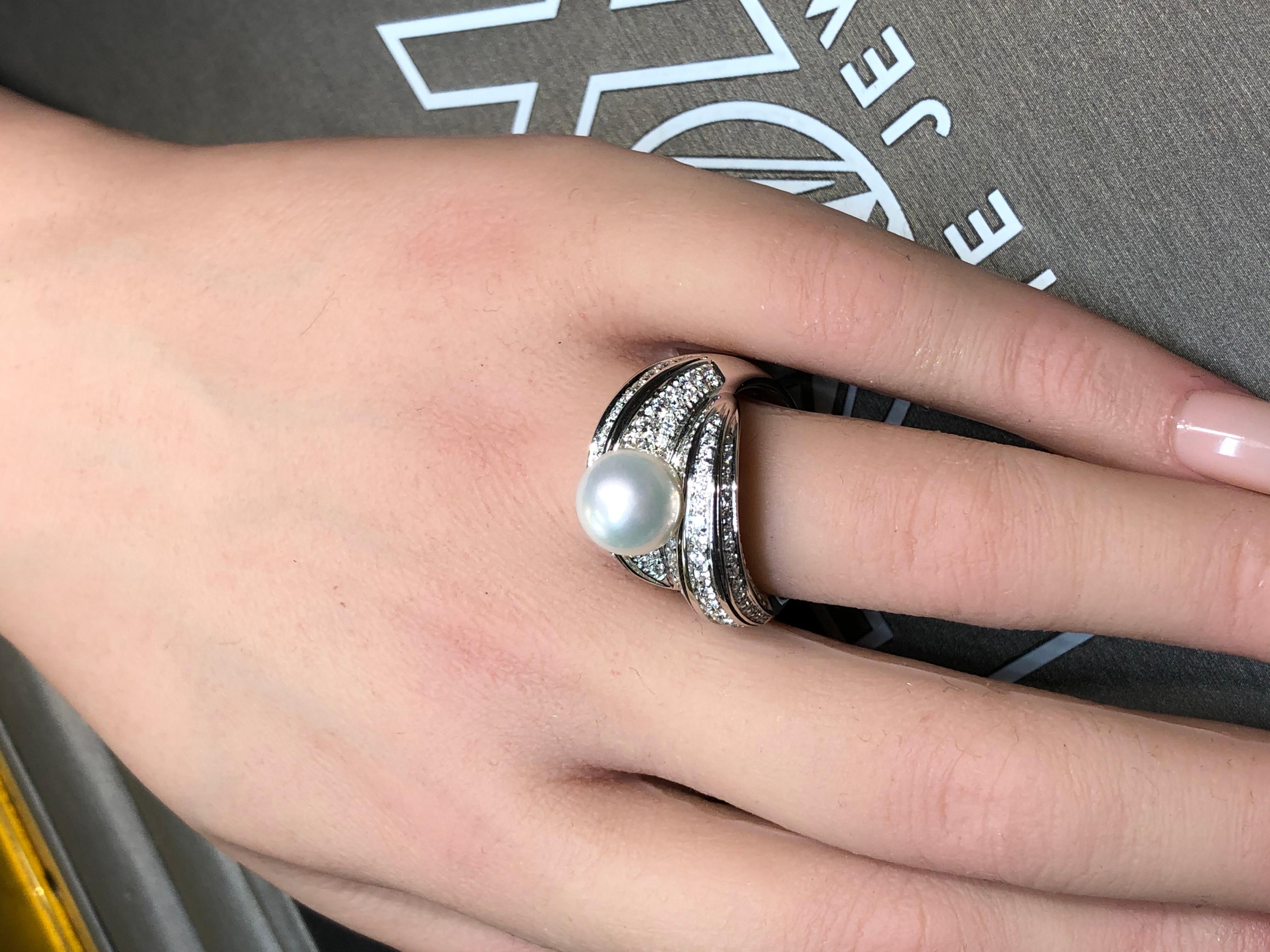 NEW Mikawa For Damiani 18K White Gold Diamond Pearl Bypass Cocktail Ring 2.40ctw For Sale 6
