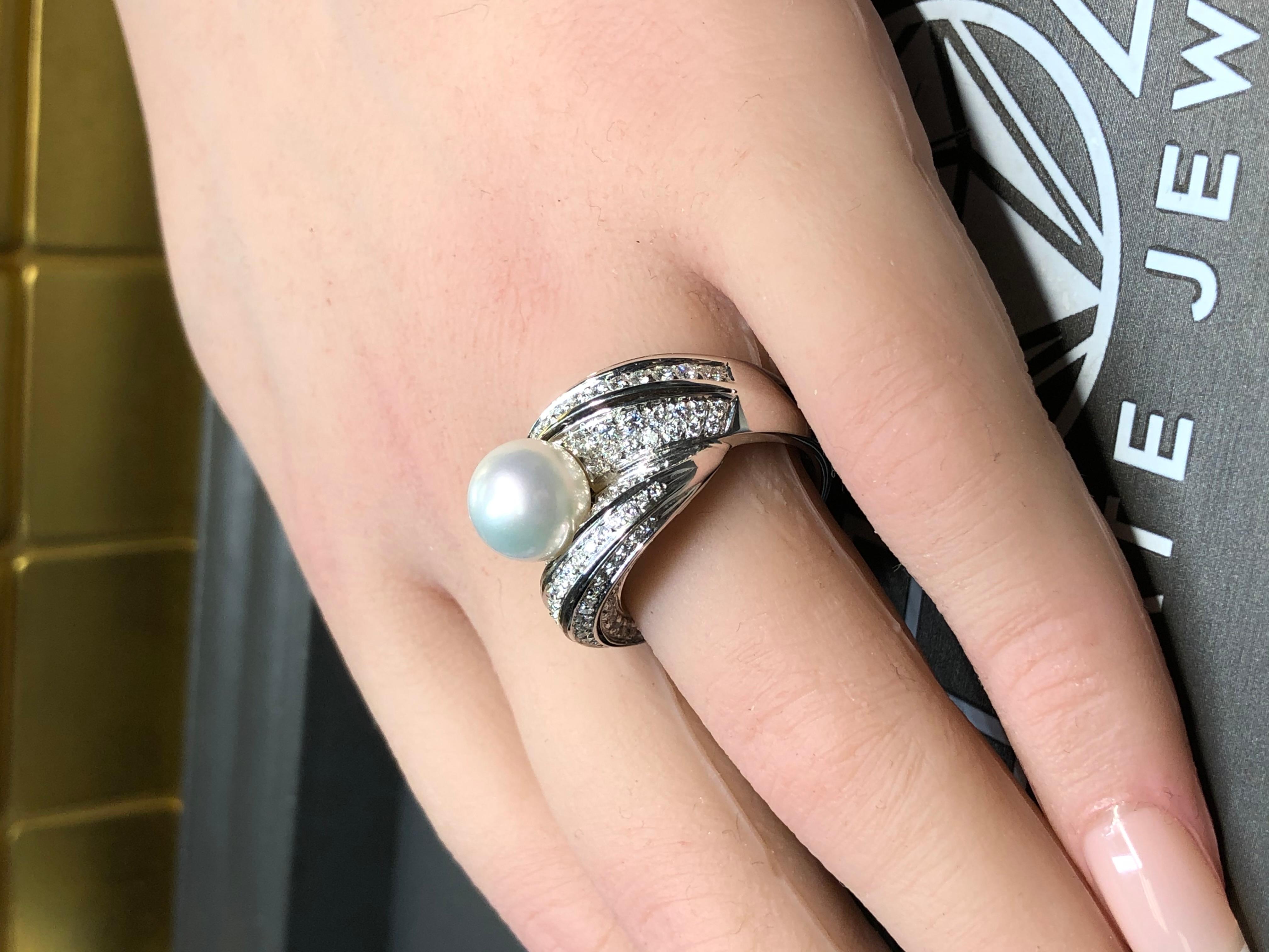 NEW Mikawa For Damiani 18K White Gold Diamond Pearl Bypass Cocktail Ring 2.40ctw For Sale 7