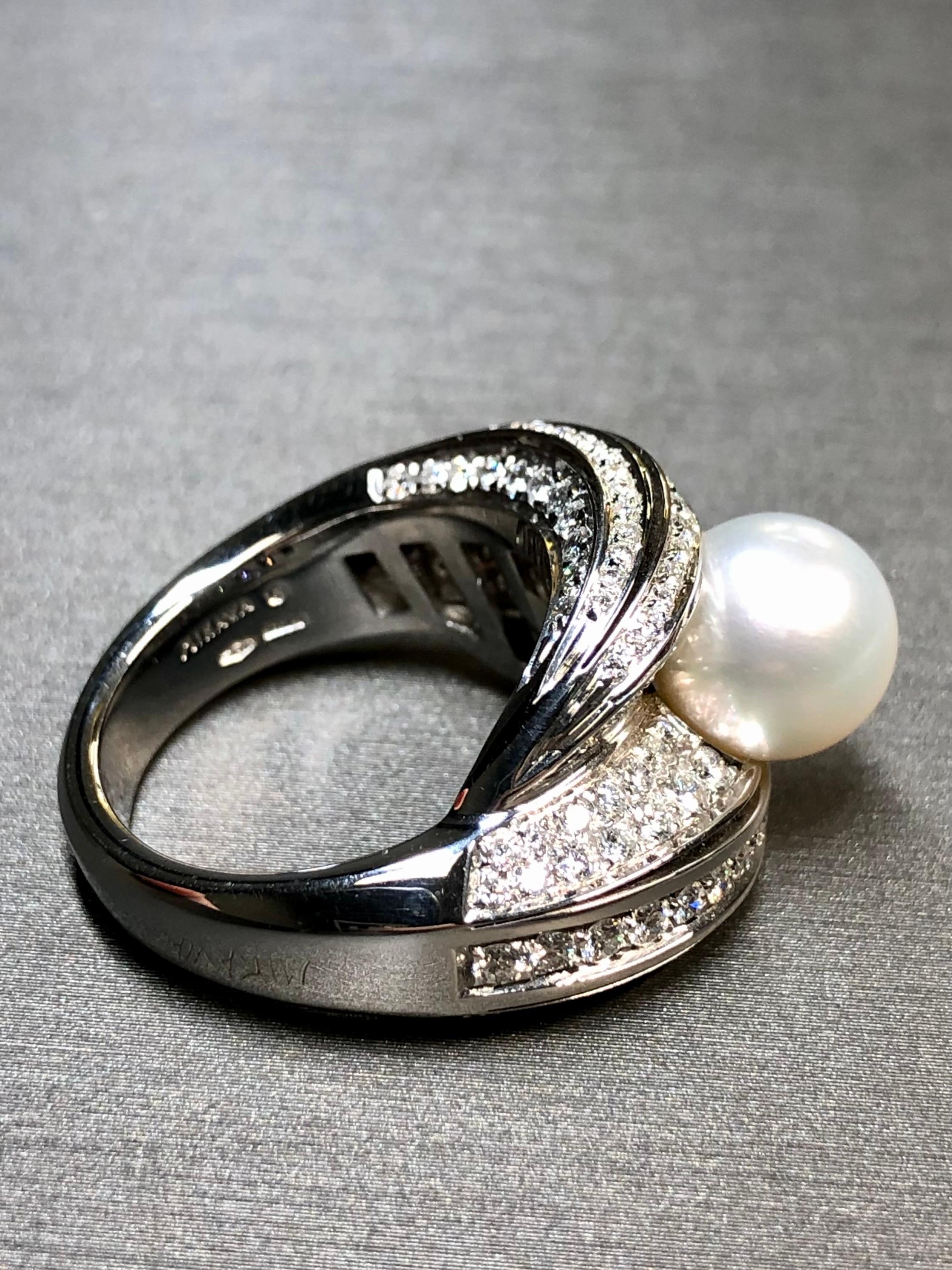 Contemporary NEW Mikawa For Damiani 18K White Gold Diamond Pearl Bypass Cocktail Ring 2.40ctw For Sale