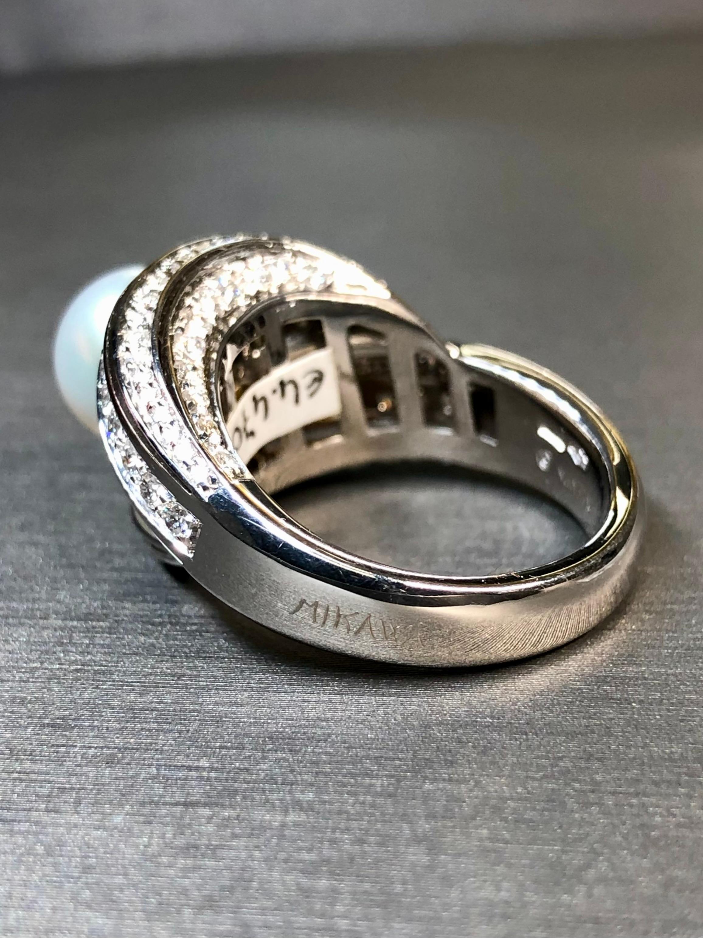 Round Cut NEW Mikawa For Damiani 18K White Gold Diamond Pearl Bypass Cocktail Ring 2.40ctw For Sale
