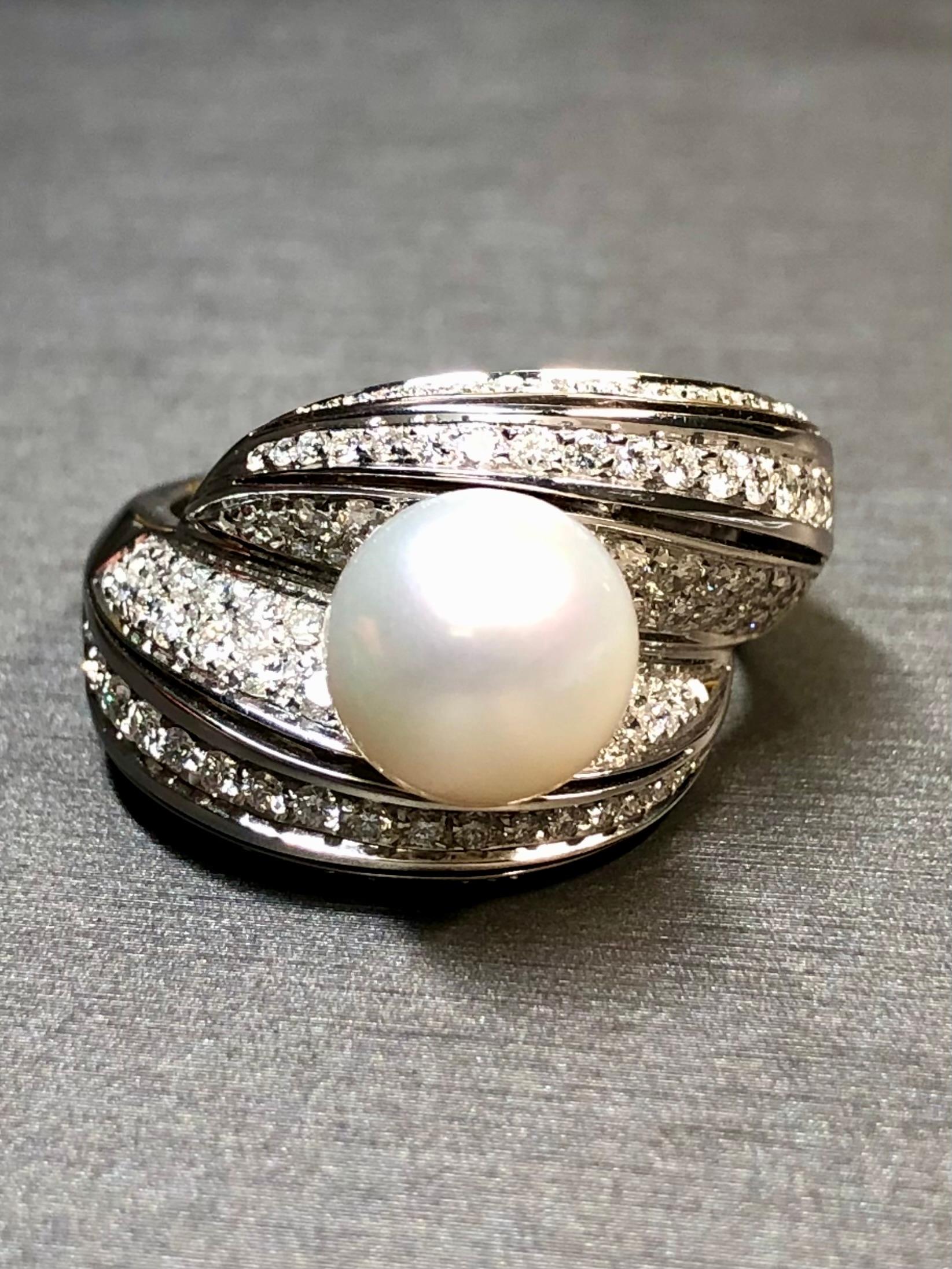 NEW Mikawa For Damiani 18K White Gold Diamond Pearl Bypass Cocktail Ring 2.40ctw In Excellent Condition For Sale In Winter Springs, FL