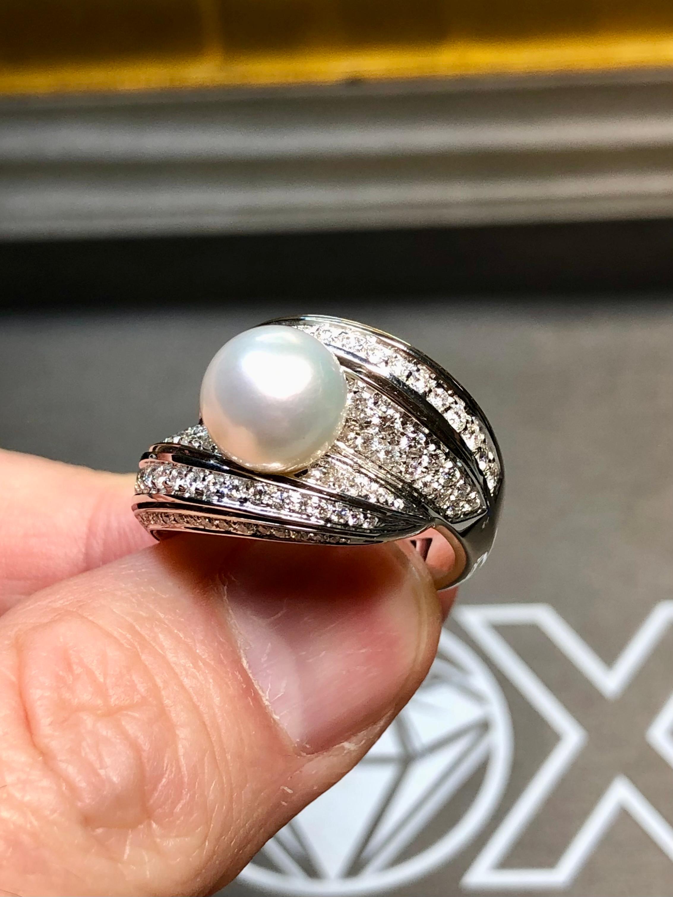 NEW Mikawa For Damiani 18K White Gold Diamond Pearl Bypass Cocktail Ring 2.40ctw For Sale 2
