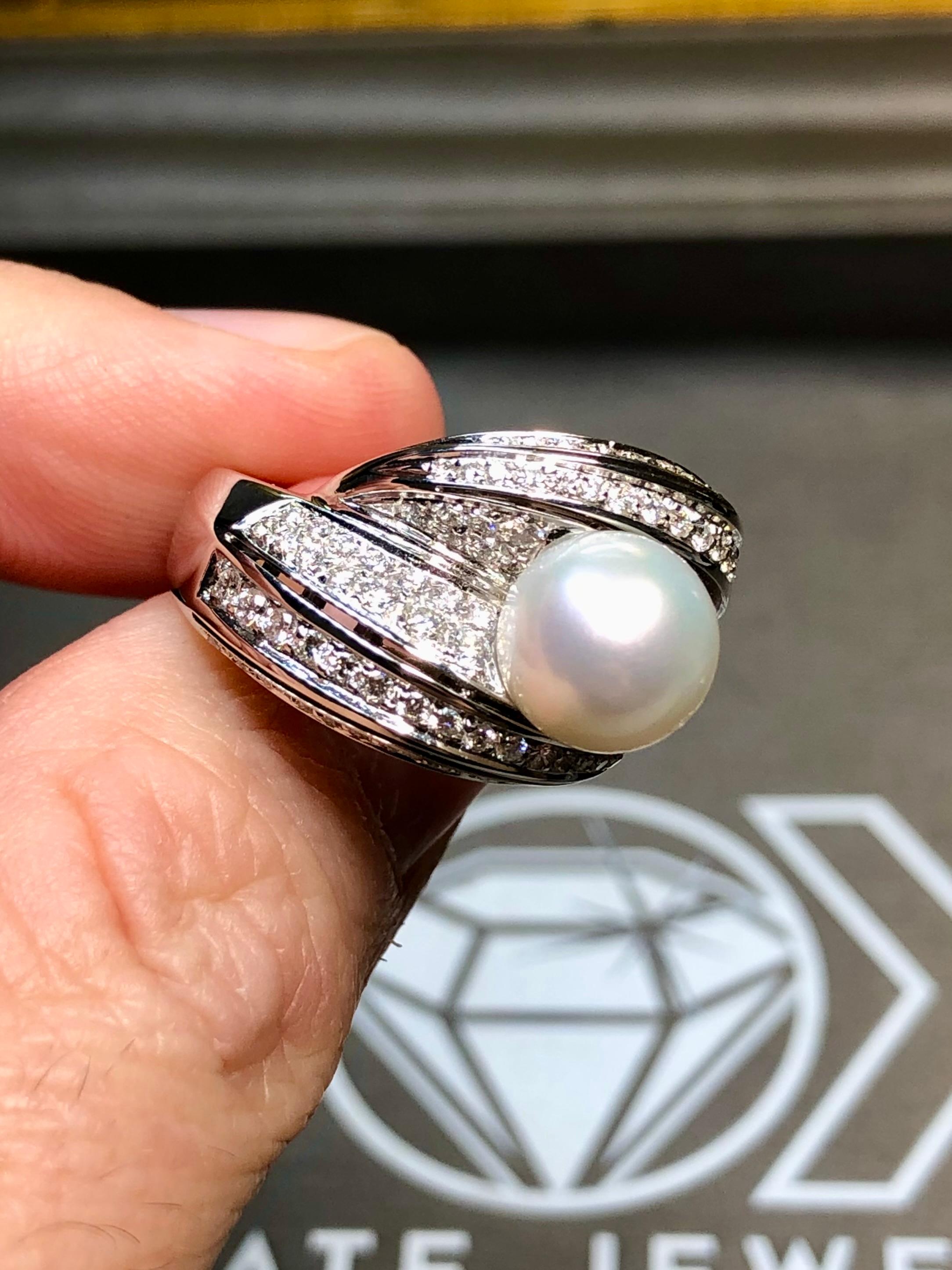 NEW Mikawa For Damiani 18K White Gold Diamond Pearl Bypass Cocktail Ring 2.40ctw For Sale 3