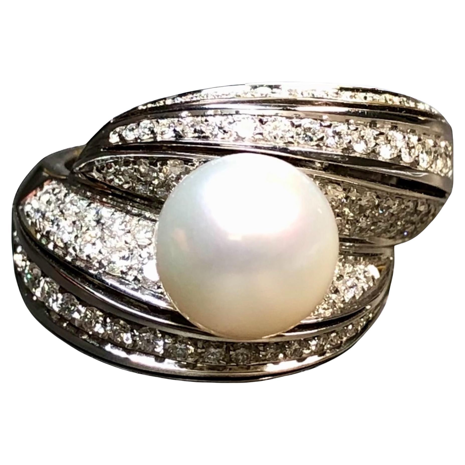 NEW Mikawa For Damiani 18K White Gold Diamond Pearl Bypass Cocktail Ring 2.40ctw For Sale