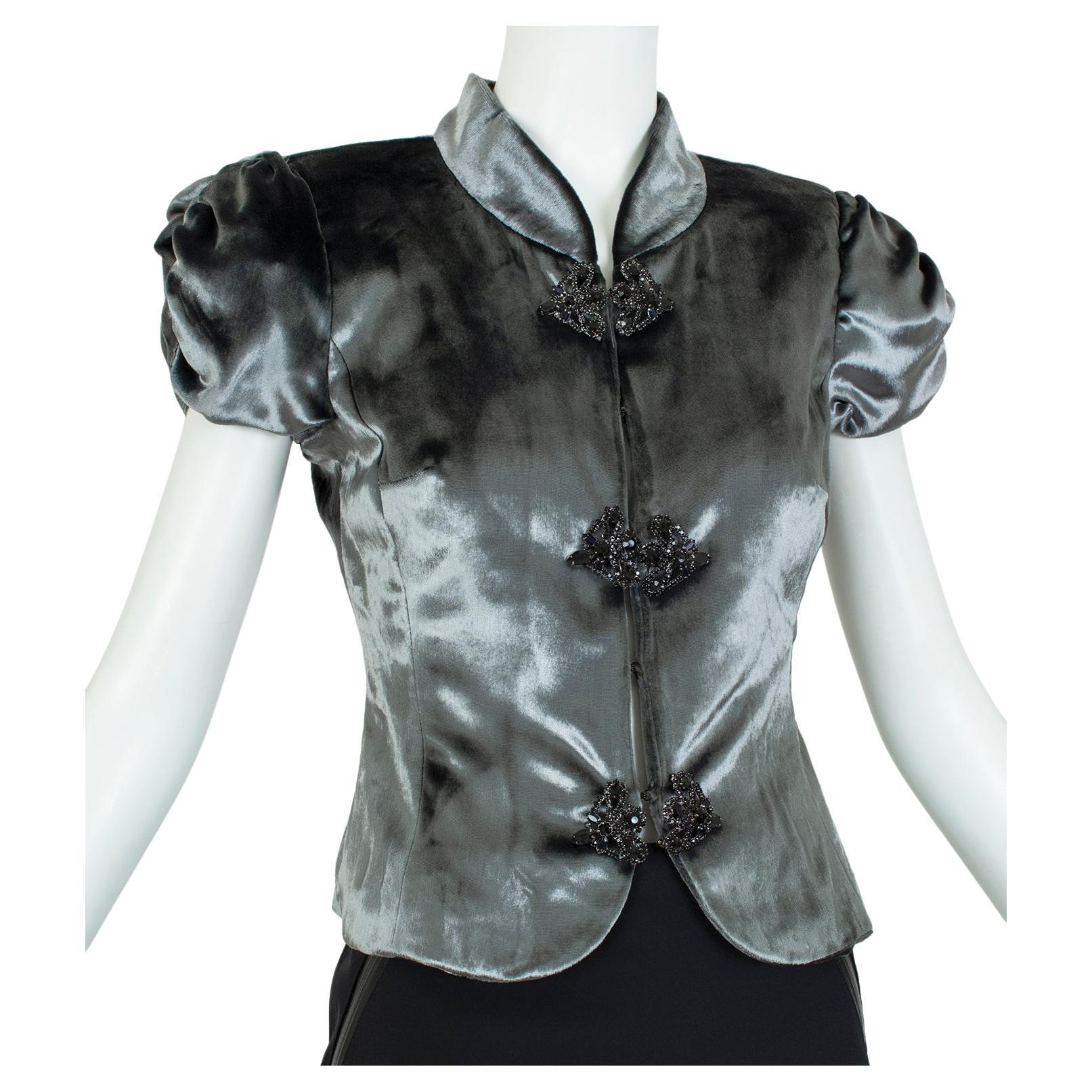 New Milly Pewter Panné Velvet Quipao Top with Jeweled Brooch Buttons – S, 2012 For Sale
