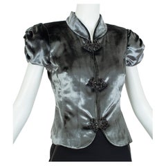 Vintage New Milly Pewter Panné Velvet Quipao Top with Jeweled Brooch Buttons – S, 2012