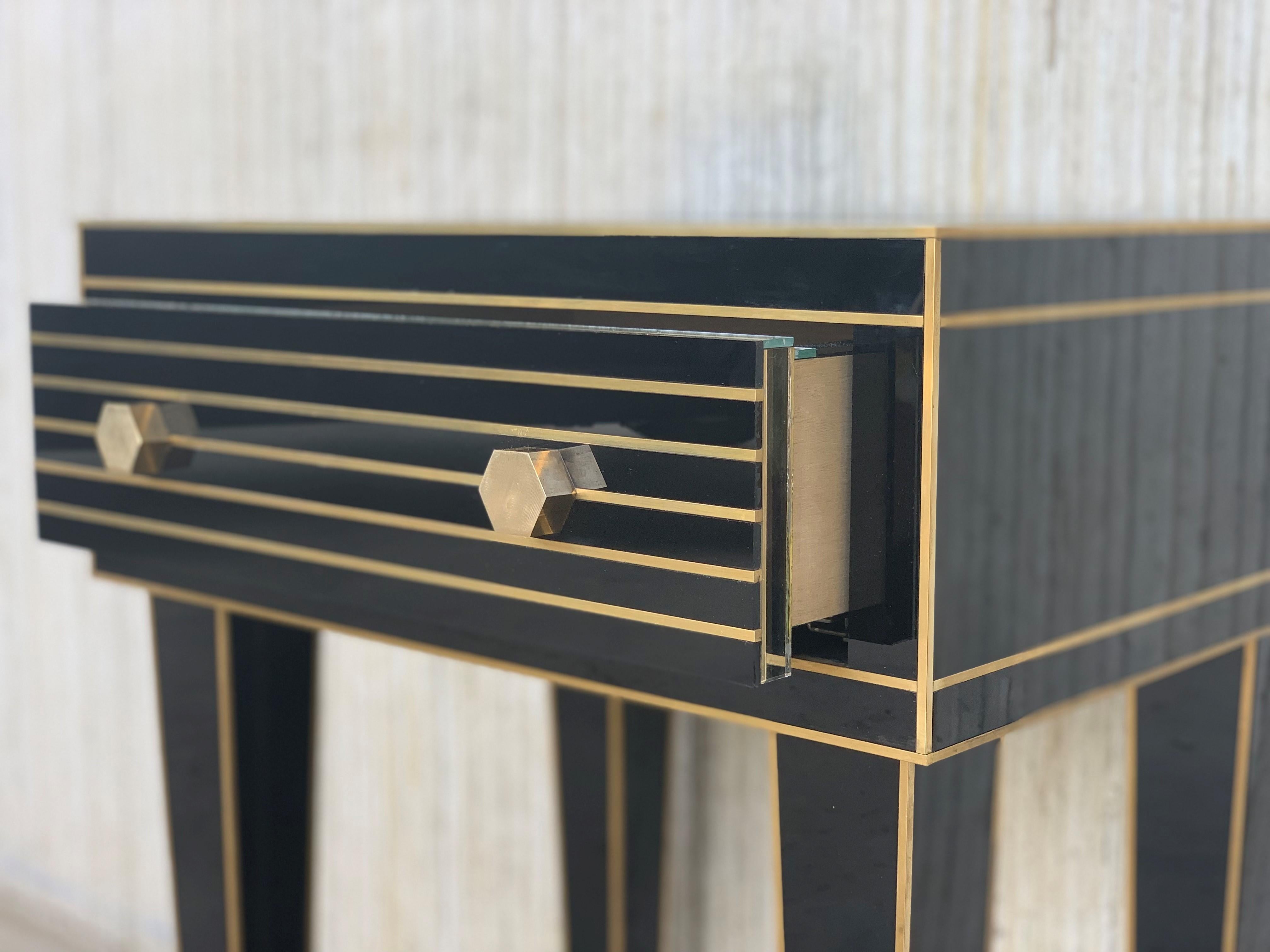 Brass New Mirrored Nightstand in Black Mirror and Chrome with One Drawer