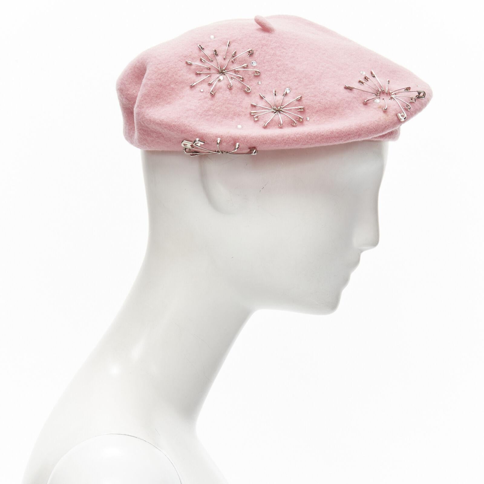new MISS JONES Stephen Jones Pins candy pink wool safety pin crystal beret hat In New Condition For Sale In Hong Kong, NT