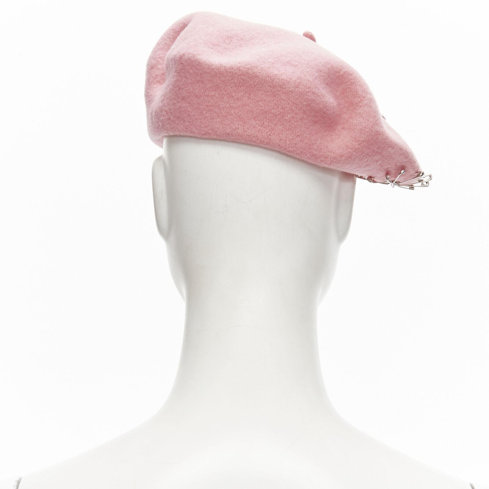 Women's new MISS JONES Stephen Jones Pins candy pink wool safety pin crystal beret hat For Sale