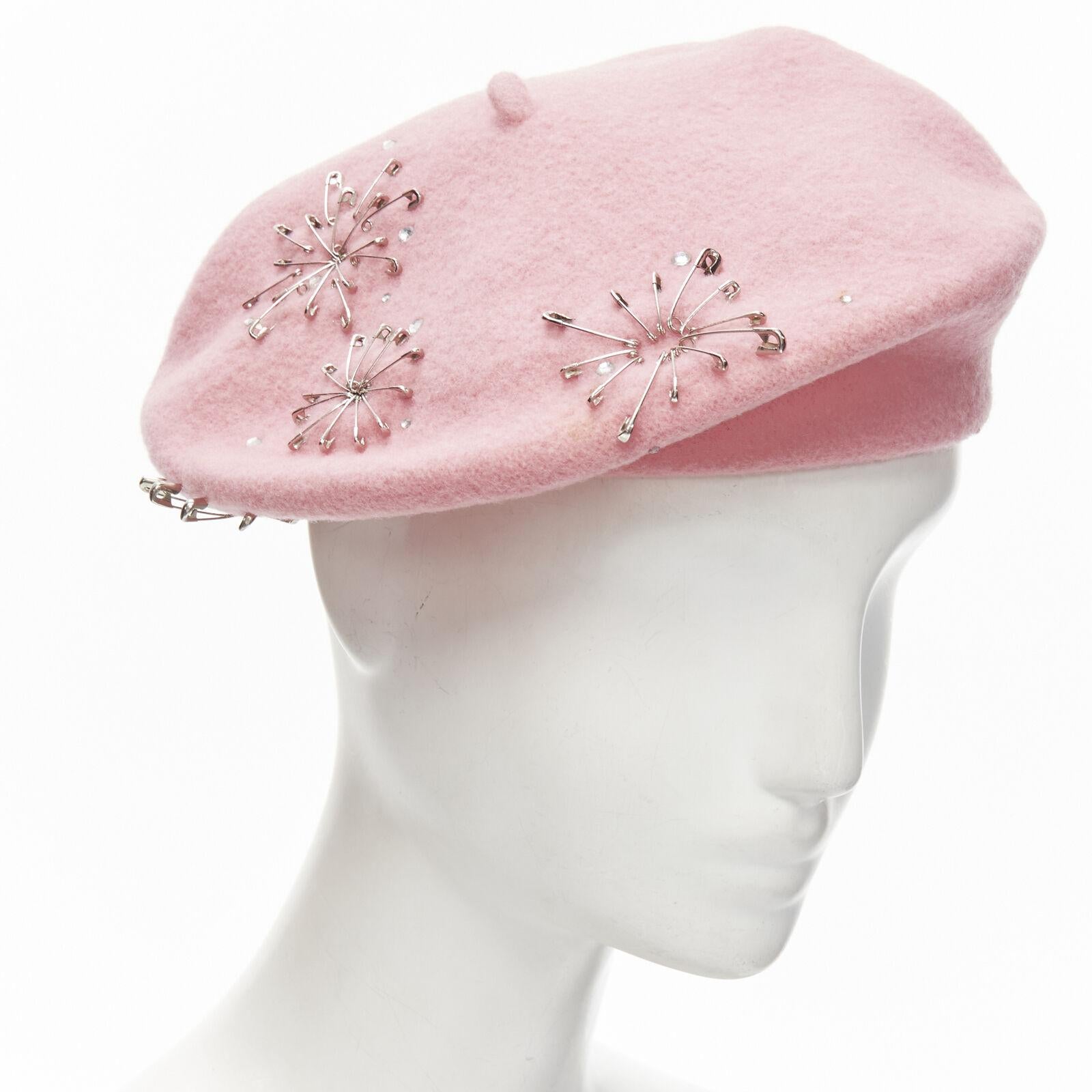 new MISS JONES Stephen Jones Pins candy pink wool safety pin crystal beret hat For Sale 2