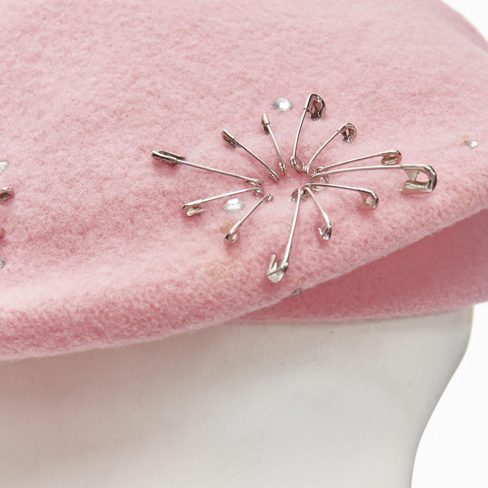 new MISS JONES Stephen Jones Pins candy pink wool safety pin crystal beret hat For Sale 3