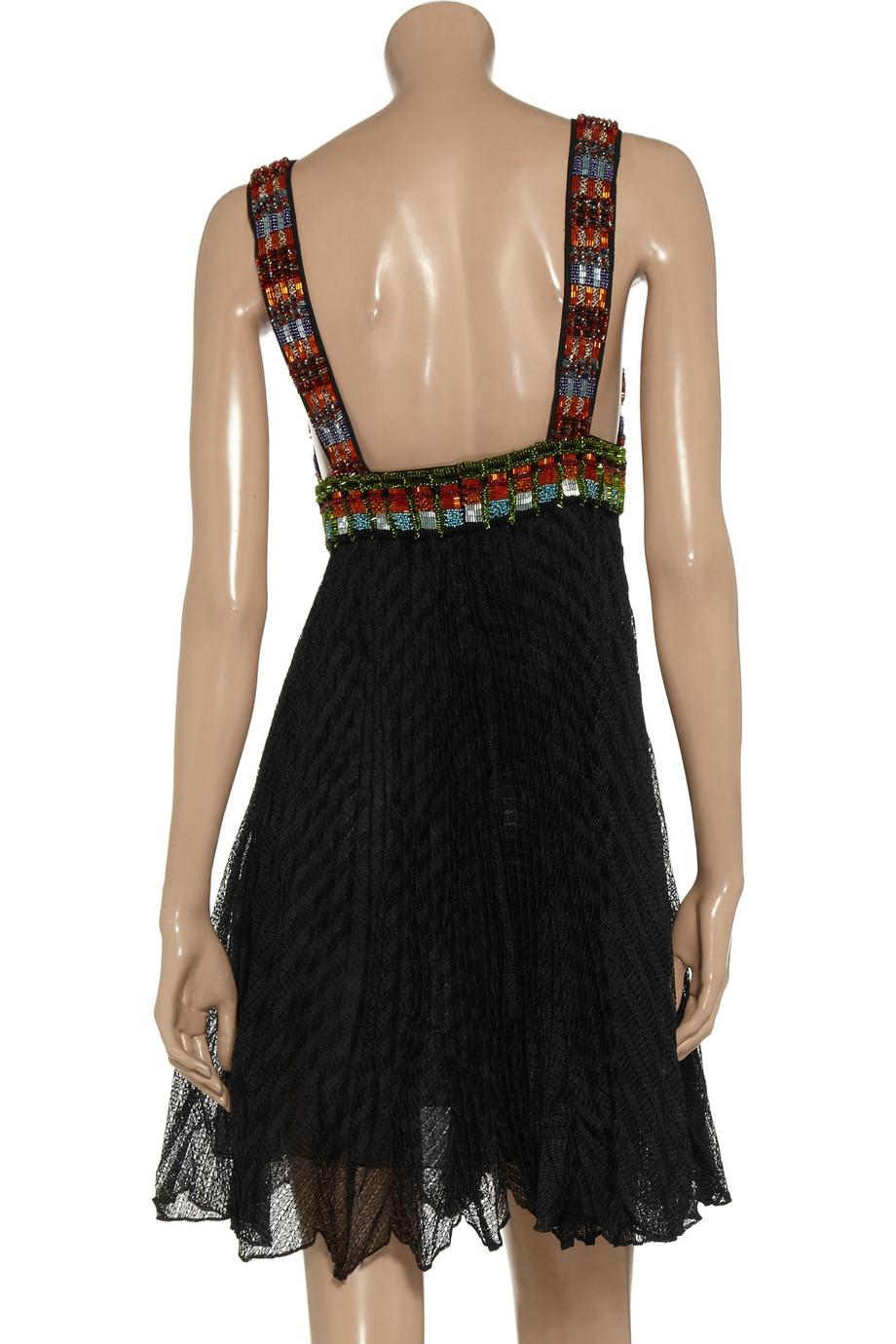 Noir Missoni - Robe en maille crochet noire avec bordure en cristal perlé multicolore, état neuf en vente