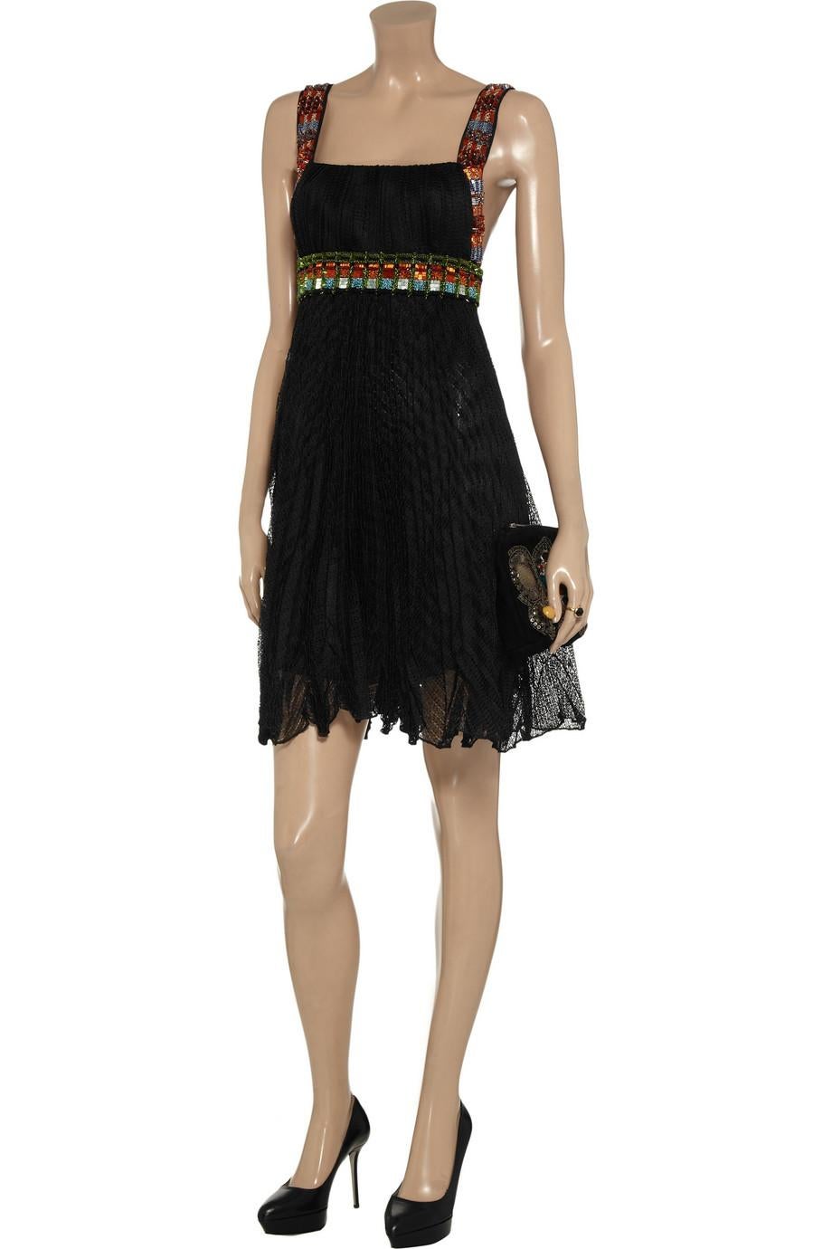 NEW Missoni Black Crochet Knit Dress with Multicolor Beaded Crystal Trimming 42 For Sale 1