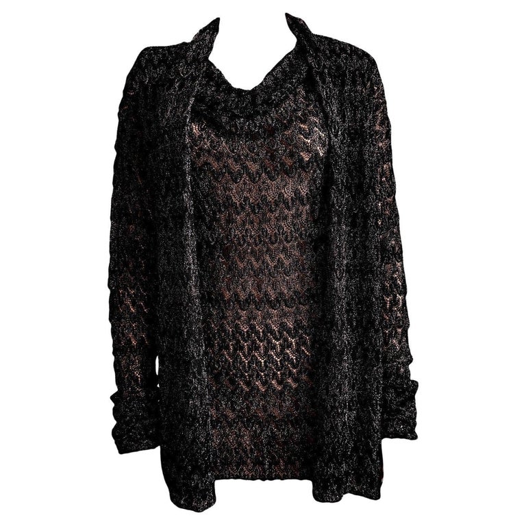 NEW Missoni Black Metallic Crochet Knit Tunic Top Mini Dress and Cardigan  Set 40 For Sale at 1stDibs