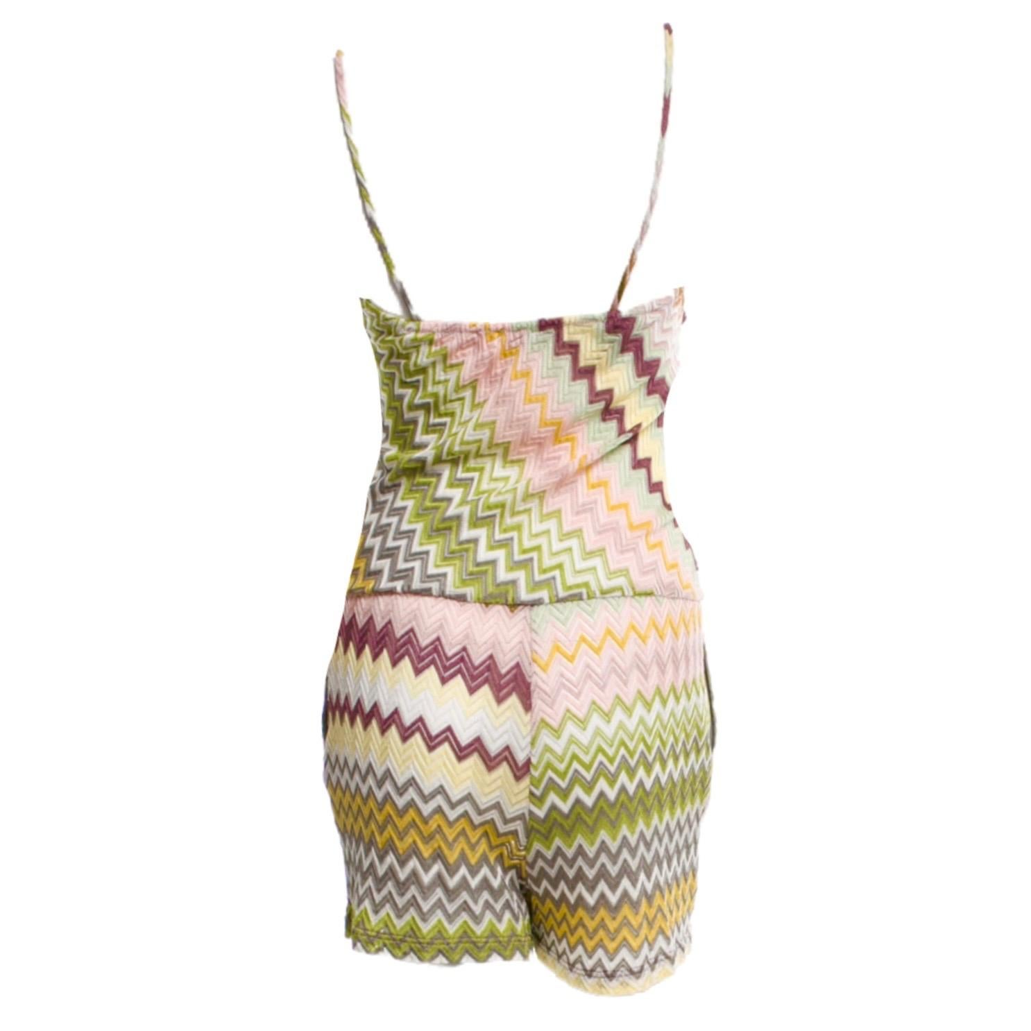 Get in on this spring's jumpsuit trend with this sorbet toned style by Missoni. Slip it on over a bikini by day or team with glossy heels for a hot evening look.

Classic MISSONI signature zigzag crochet knit
Multicolored woven chevron short