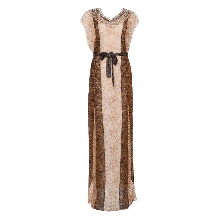 NEW Missoni Crystal Gold Metallic Lurex Crochet Knit Evening Gown Maxi Dress  42 For Sale at 1stDibs