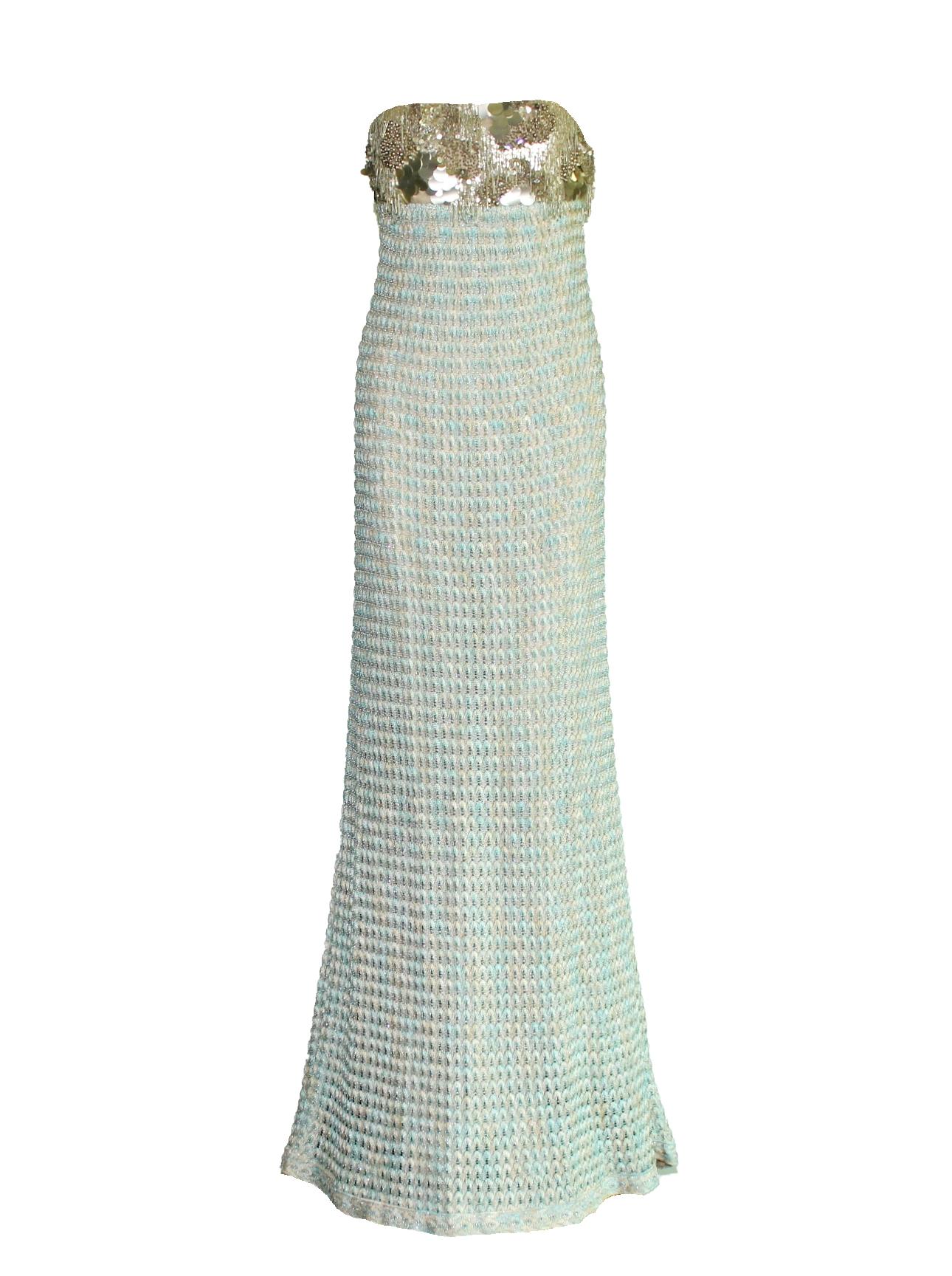 A stunning evening gown by MISSONI - a rare find!
Perfect for the festive season
Full length
Babyblue color with metallic silver lurex threads
Bustier corset top
Embellished top with sequins, pearls and crystals
Beautiful MISSONI signature