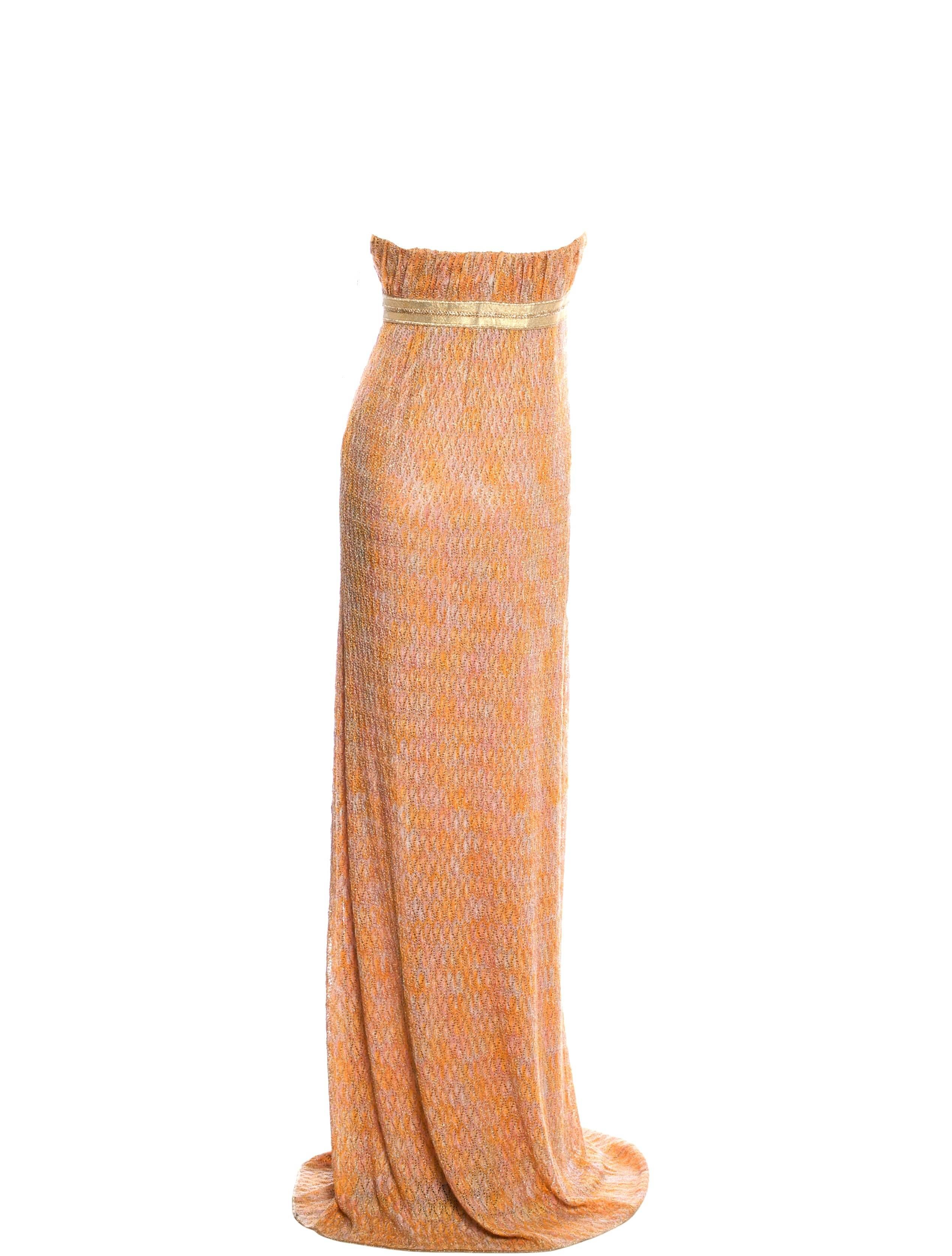 A fantastic Missoni Crochet Knit Evening Gown
Corset-style top with boned bustier-top inside for a perfect fit
Strapless empire style
Full length
Beautiful metallic crochet knit fabric with golden lurex thread
Lined with silk
Size 40

Please refer