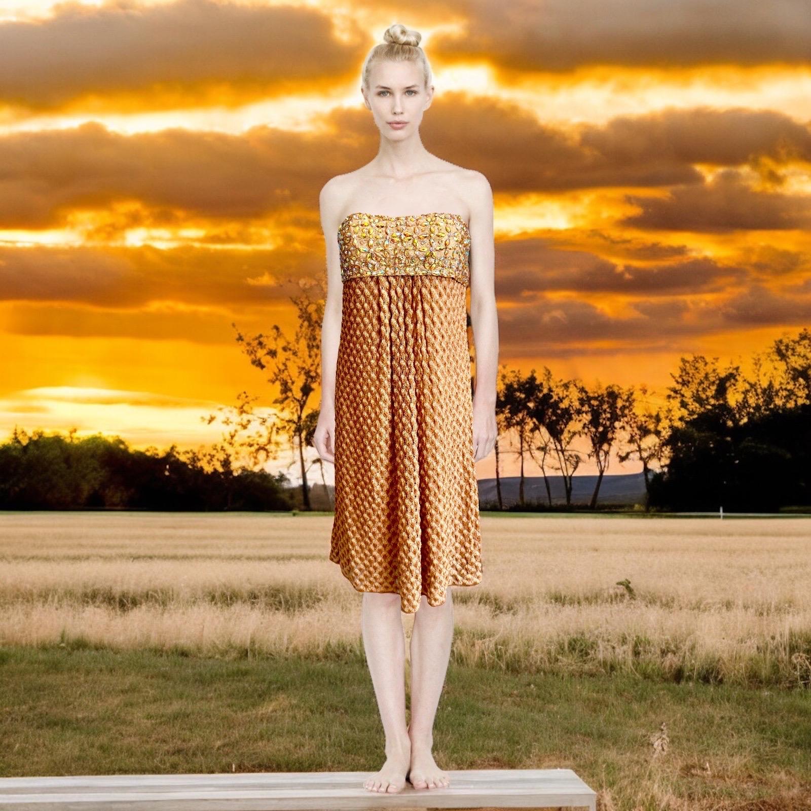 NEW Missoni Gold Metallic Crochet Knit Beaded Crystal Corset Midi Dress 42 For Sale 4