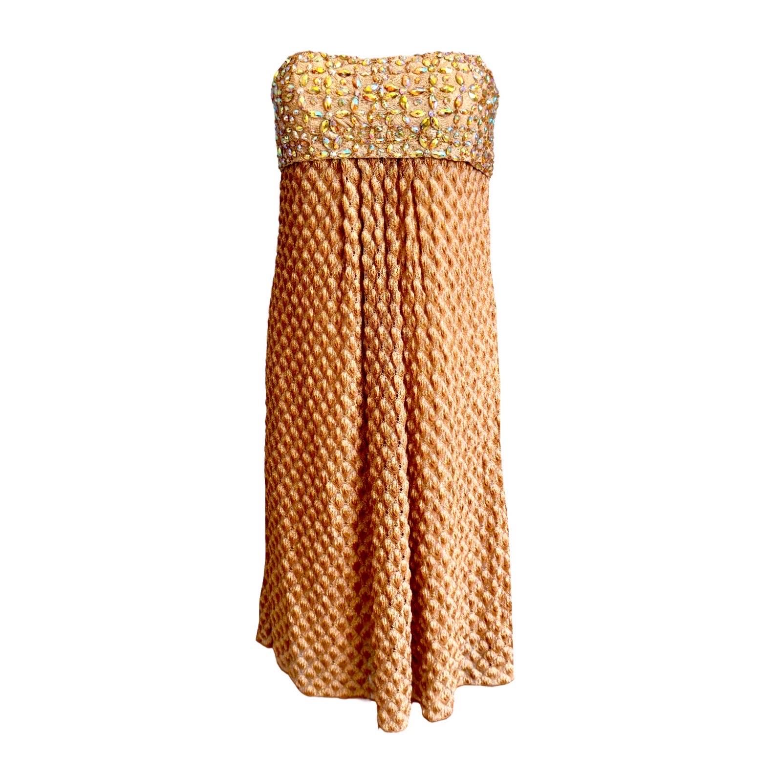 NEW Missoni Gold Metallic Crochet Knit Beaded Crystal Corset Midi Dress 42 For Sale