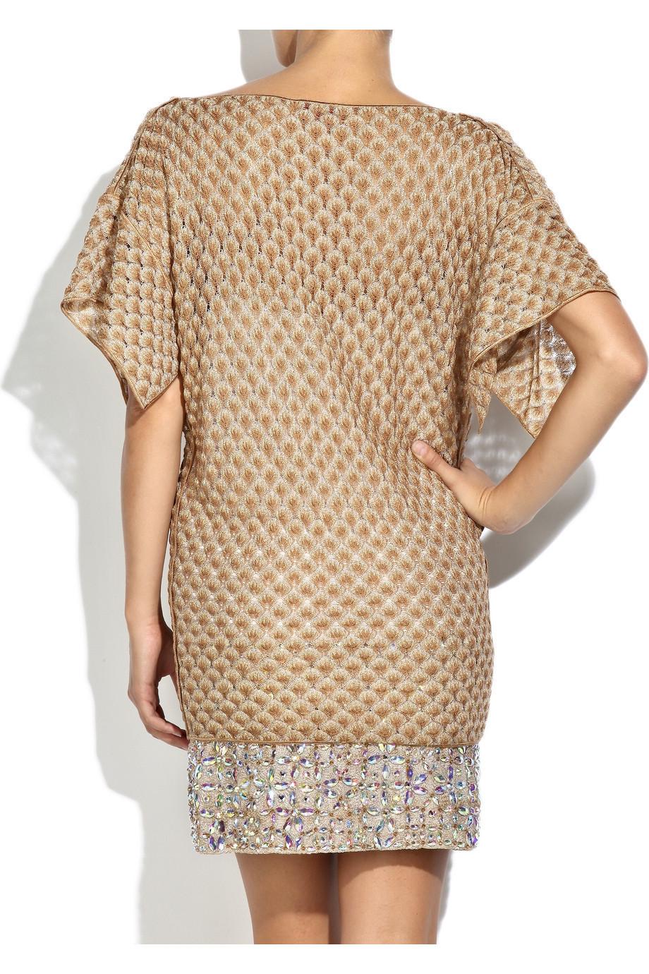 NEW Missoni Gold Metallic Crochet Knit Beaded Crystal Dress 42 Pour femmes en vente