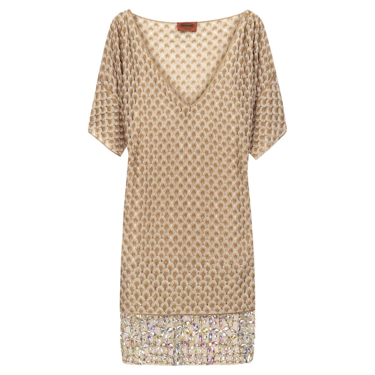 NEW Missoni Gold Metallic Crochet Knit Beaded Crystal Dress 42 en vente
