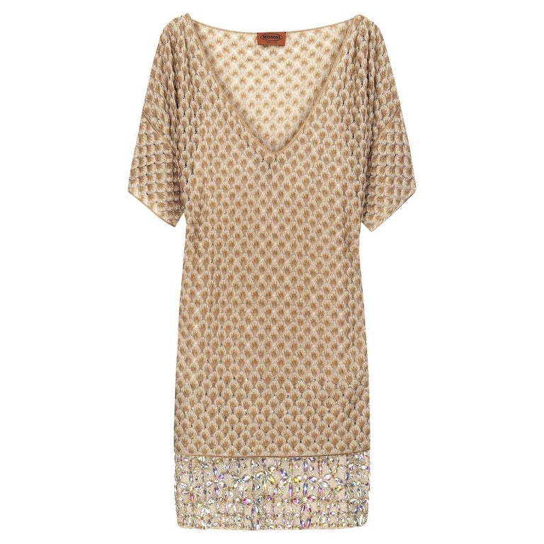 NEW Missoni Gold Metallic Crochet Knit Beaded Crystal Dress 42 For Sale at  1stDibs