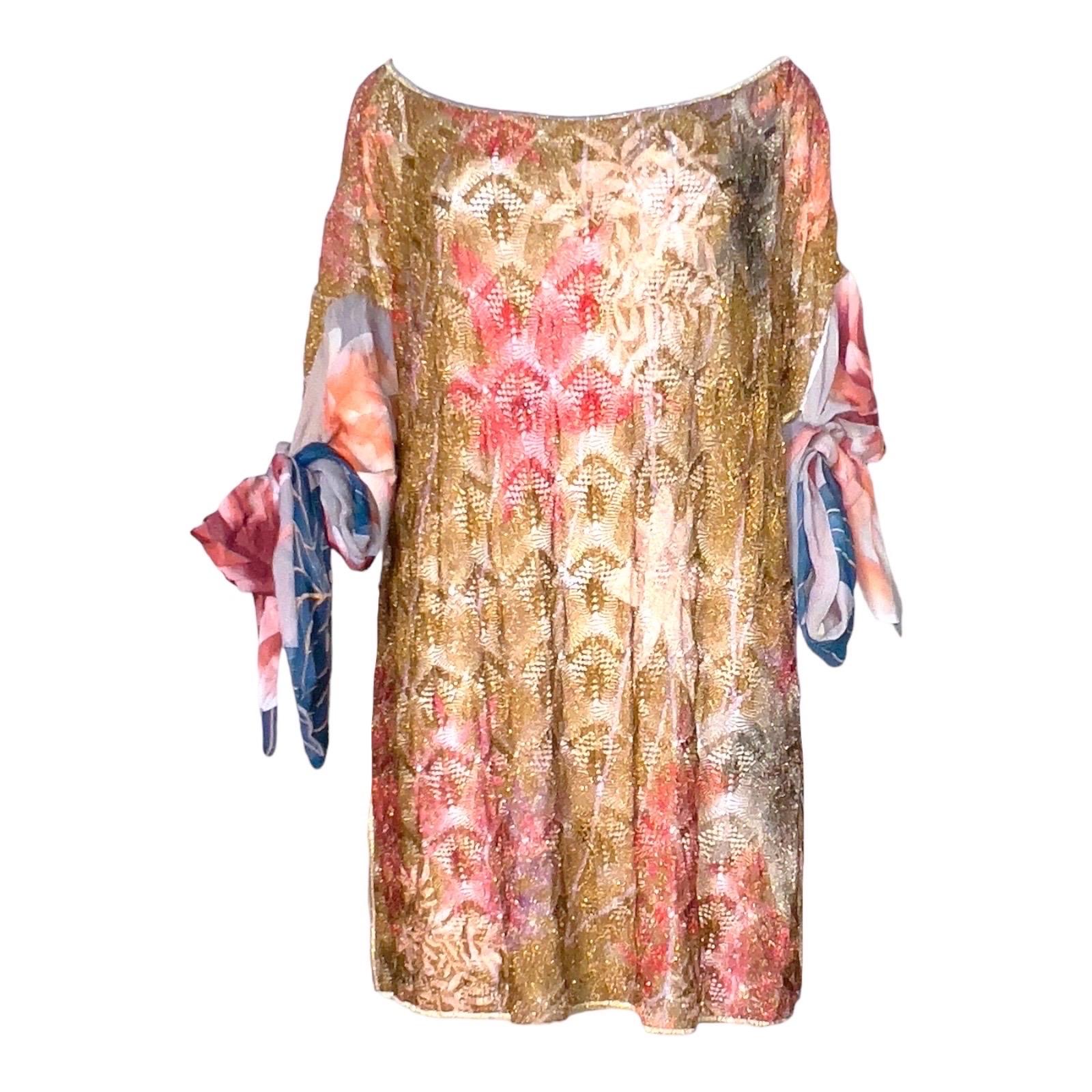UNWORN Missoni Gold Metallic Crochet Knit Floral Kaftan Tunic Dress Cover Up M For Sale
