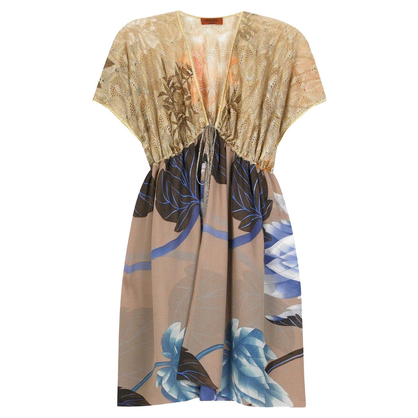 NEW Missoni Gold Metallic Crochet Knit Floral Kaftan Tunic Dress Cover Up 40