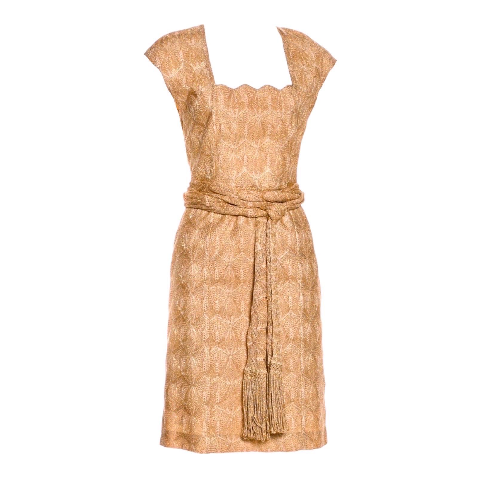 Women's NEW Missoni Gold Metallic Crochet Knit & Fringe Belt/Scarf Dress 40 For Sale