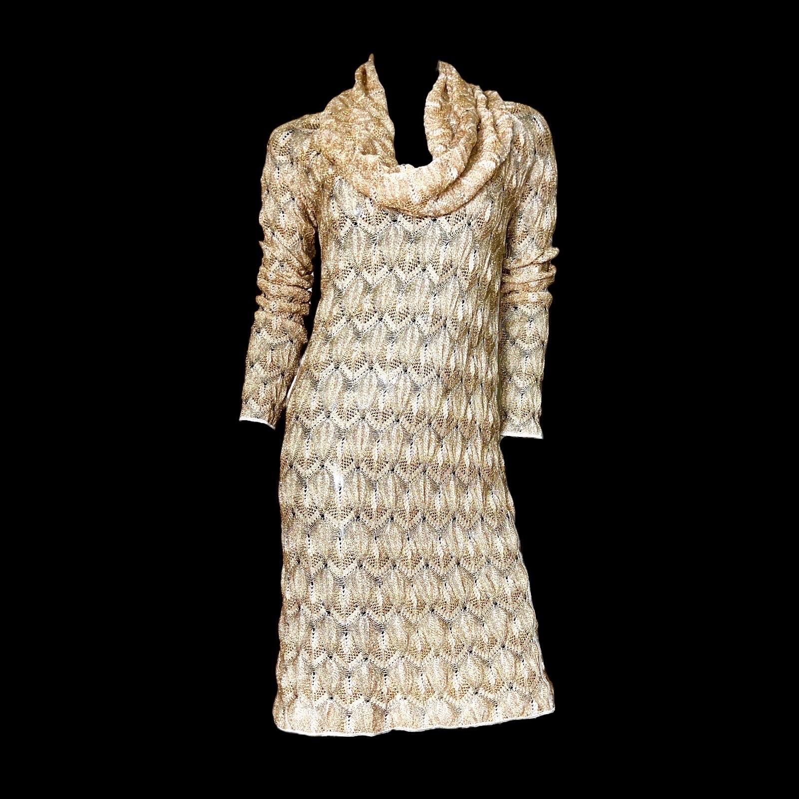 NEW Missoni Gold Metallic Crochet Knit Hooded Shawl Dress 38 For Sale 2