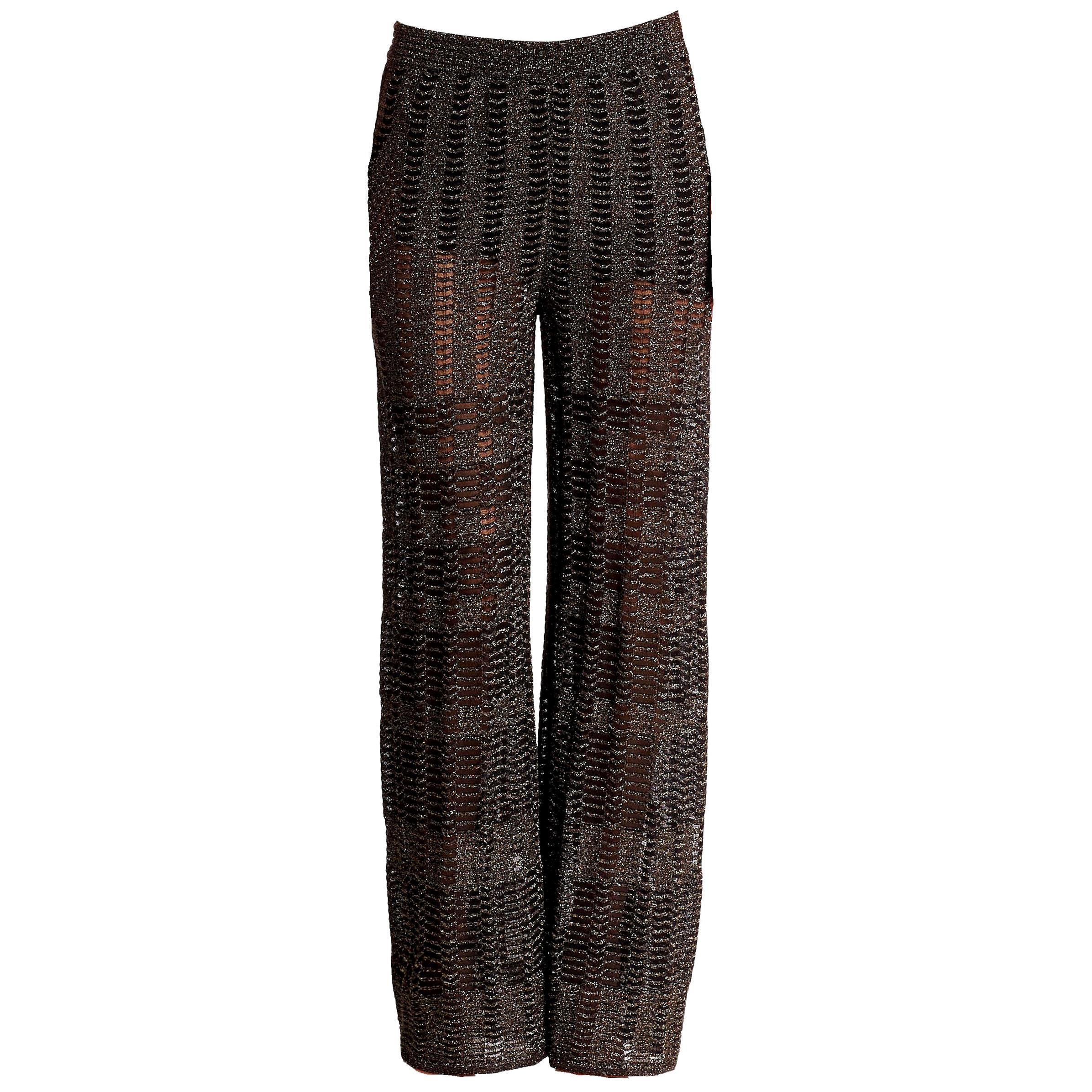 NEW Missoni Gold Metallic Crochet Knit Lurex Palazzo Wide Leg Pants Trousers 40 For Sale