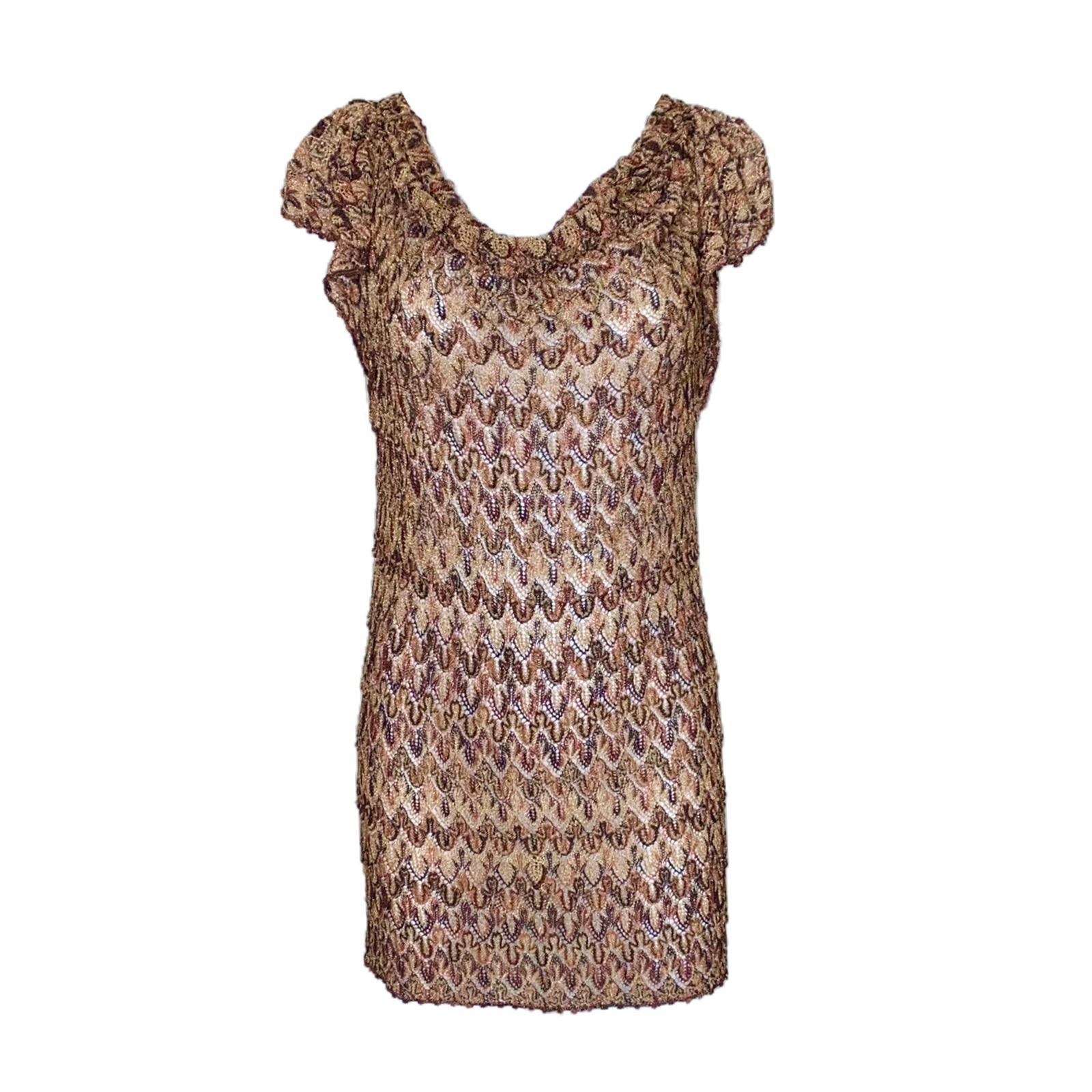 Brown NEW Missoni Gold Metallic Crochet Knit Tunic Style Top Mini Dress 40 For Sale