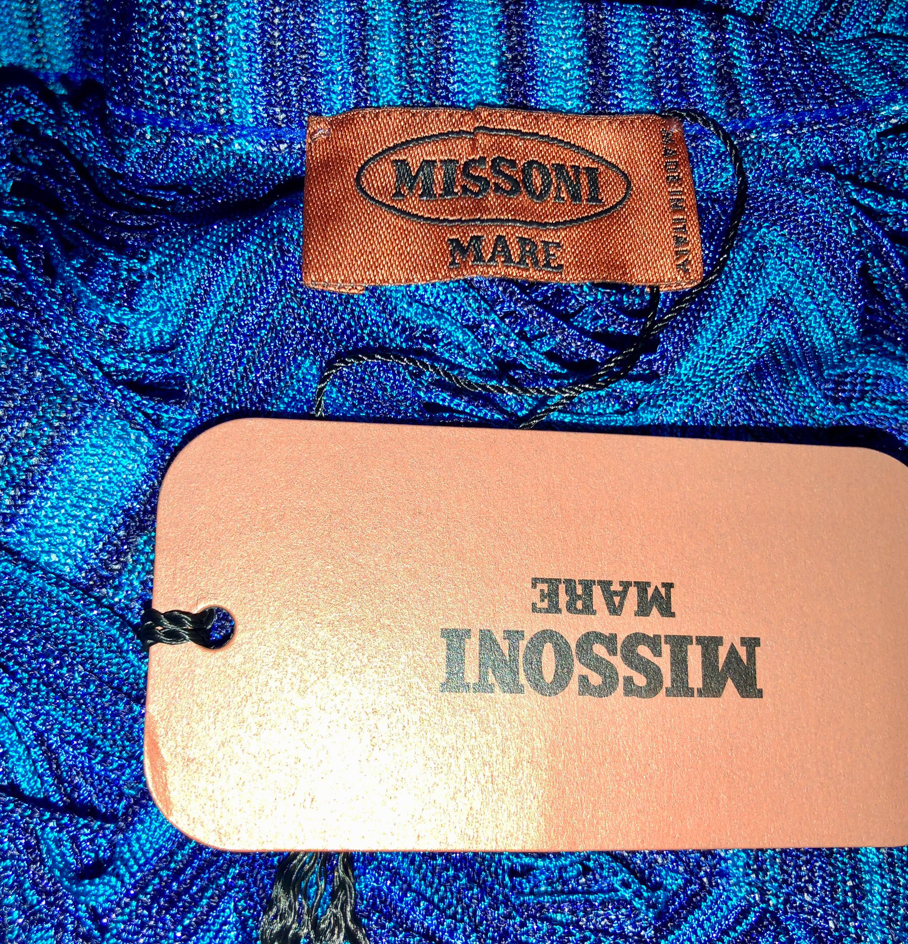 Women's NEW Missoni Metallic Blue Siganature Chevron Crochet Knit Kaftan Maxi Dress 44 For Sale