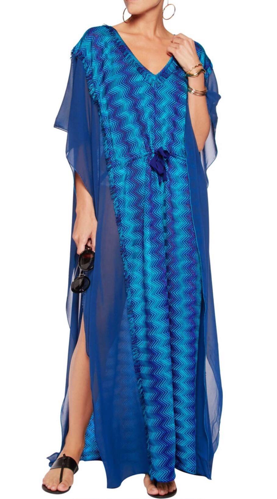 NEW Missoni Metallic Blue Siganature Chevron Crochet Knit Kaftan Maxi Dress 44 For Sale 1