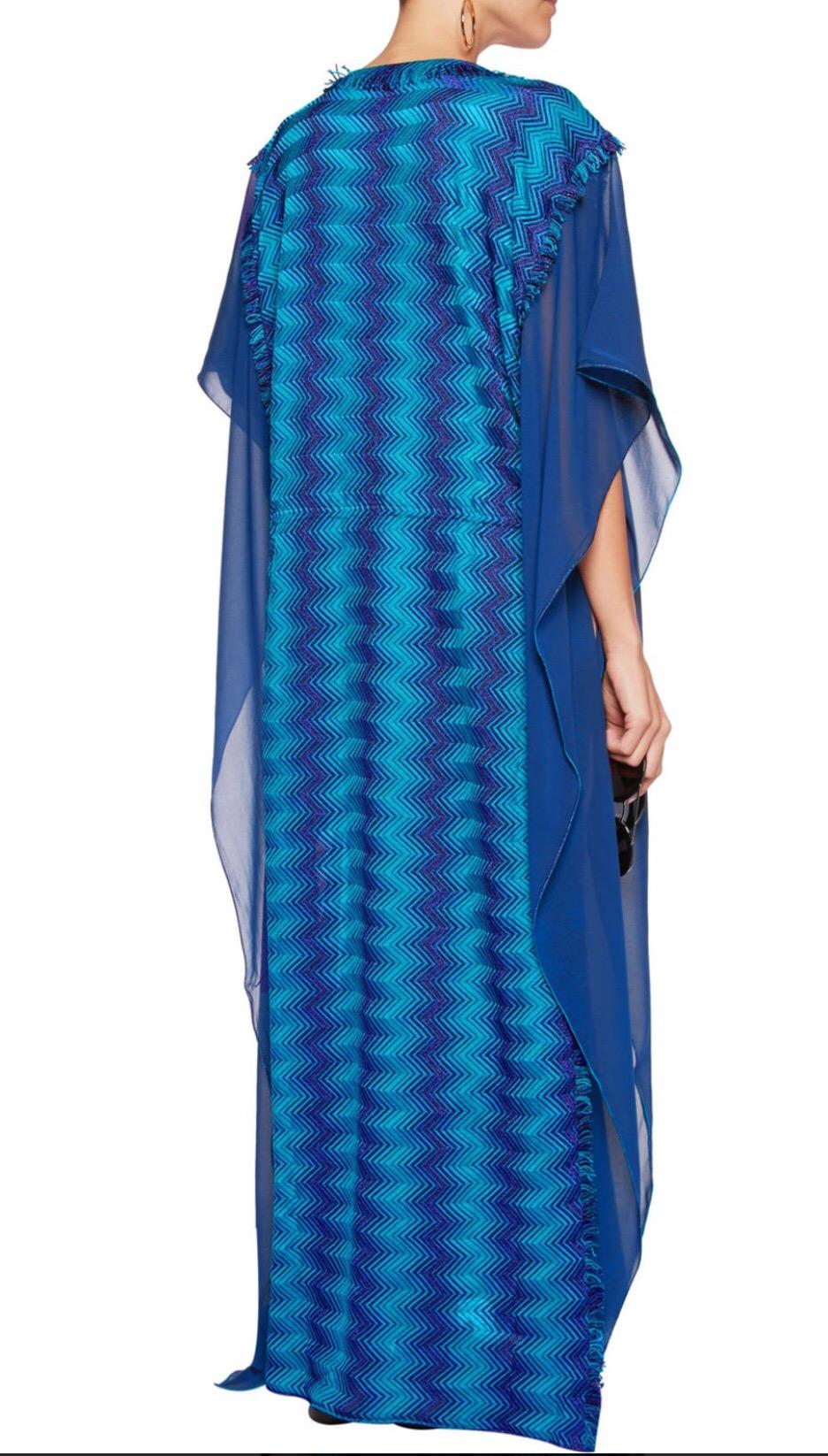 NEW Missoni Metallic Blue Siganature Chevron Crochet Knit Kaftan Maxi Dress 44 For Sale 2
