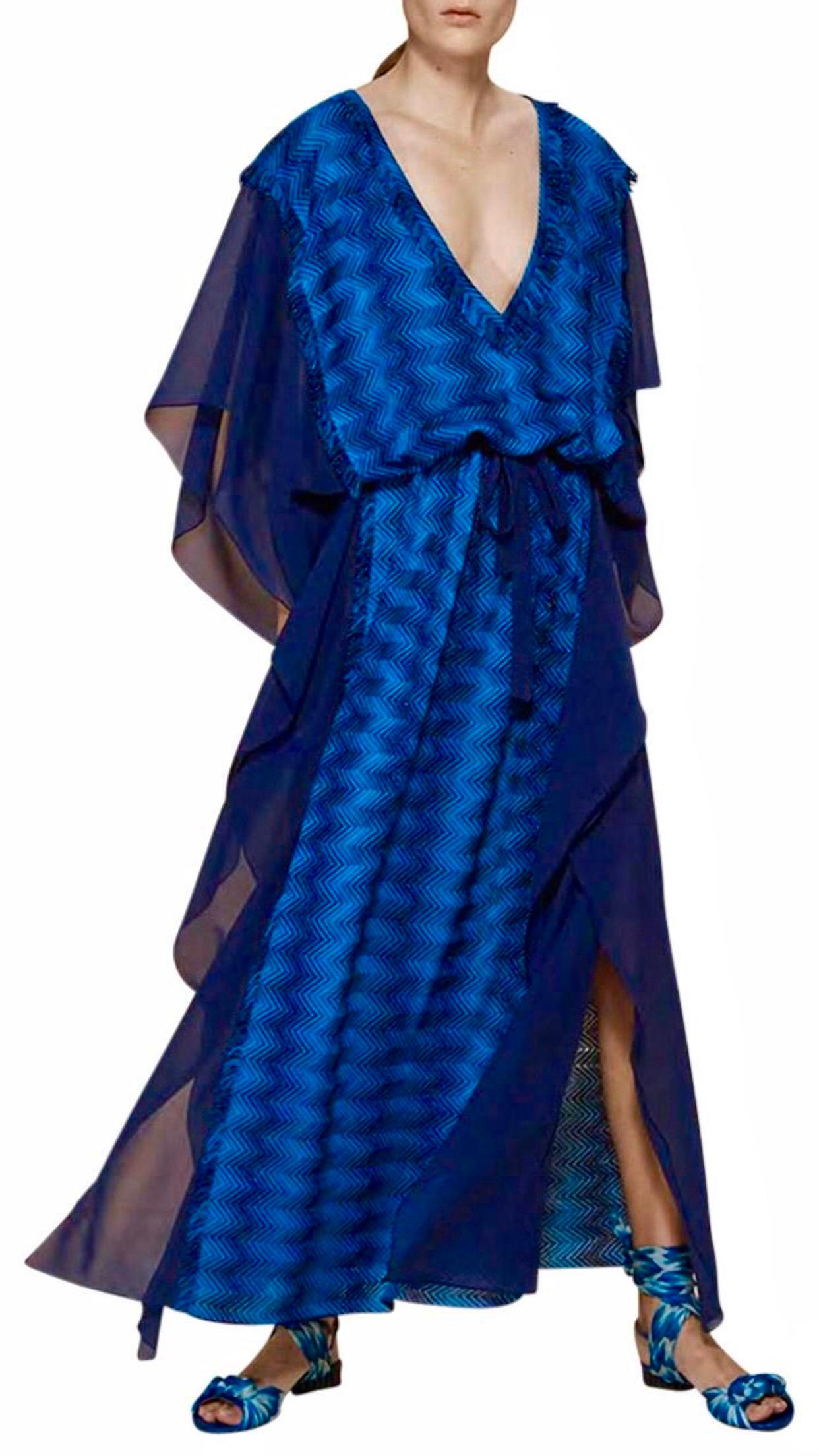 NEW Missoni Metallic Blue Siganature Chevron Crochet Knit Kaftan Maxi Dress 44 For Sale 3