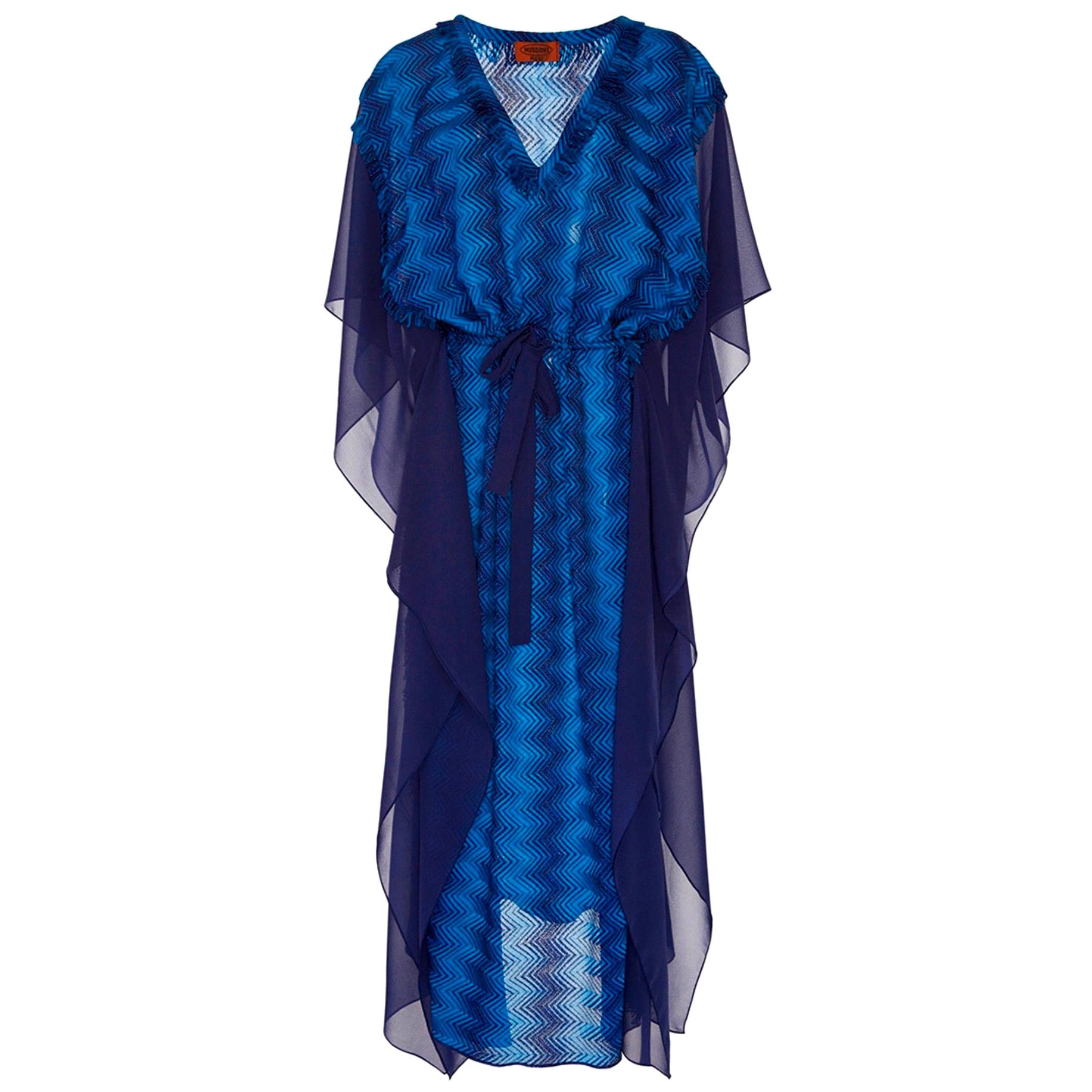 NEW Missoni Metallic Blue Siganature Chevron Crochet Knit Kaftan Maxi Dress 44 For Sale