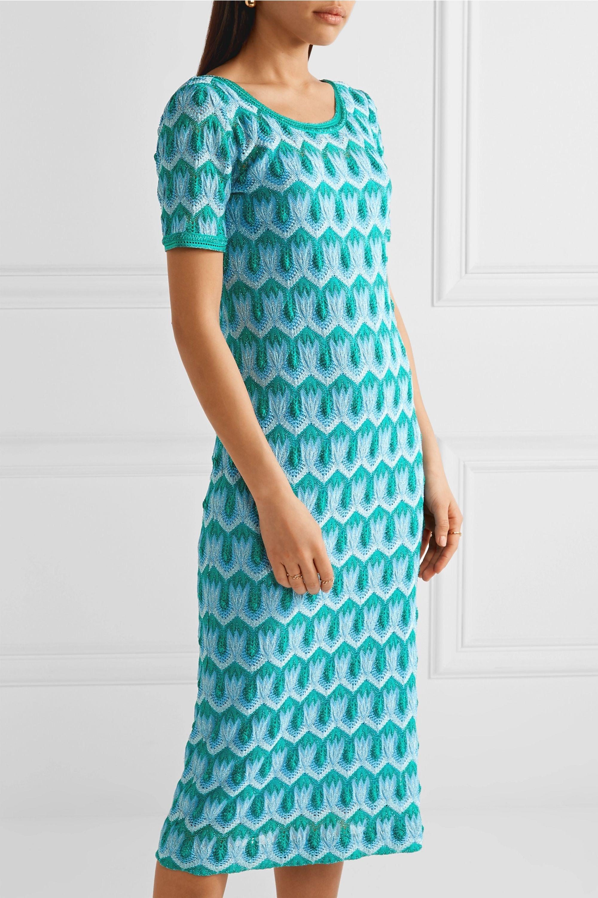 Blue NEW Missoni Metallic Turquoise Aqua Crochet Knit Midi Dress 42 For Sale