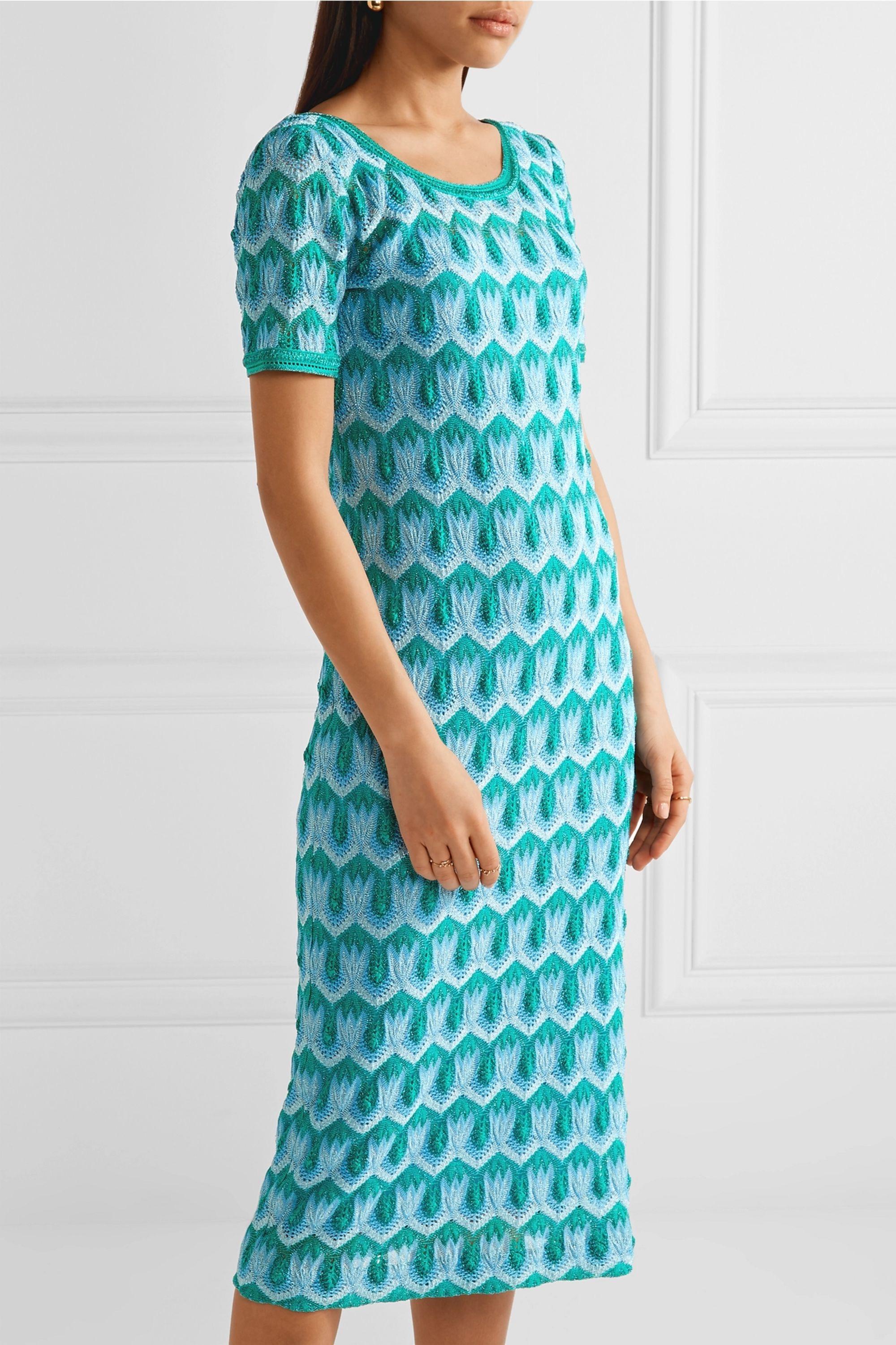 Women's NEW Missoni Metallic Turquoise Aqua Crochet Knit Midi Dress 42 For Sale