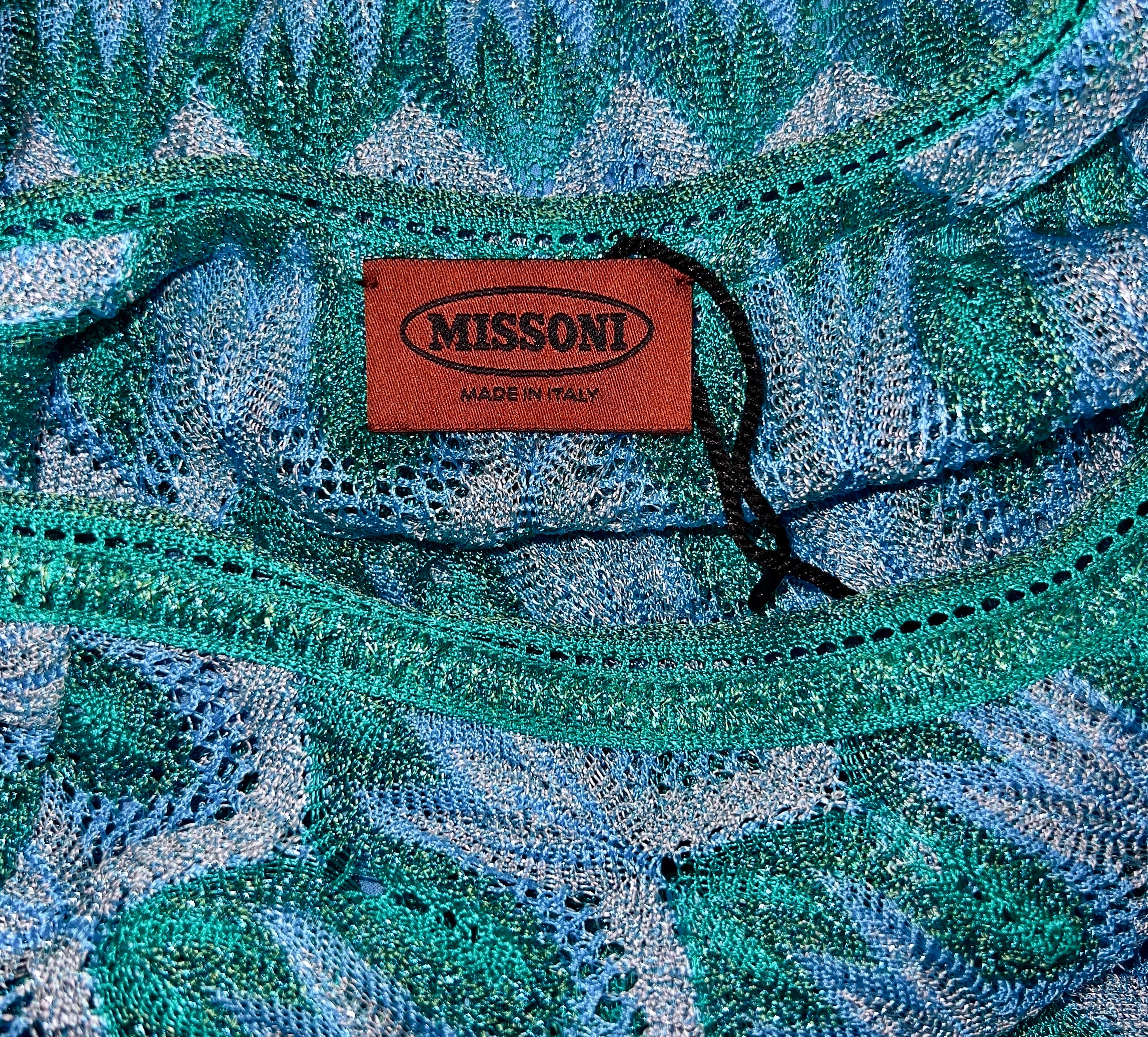 NEW Missoni Metallic Turquoise Aqua Crochet Knit Midi Dress 42 For Sale 2