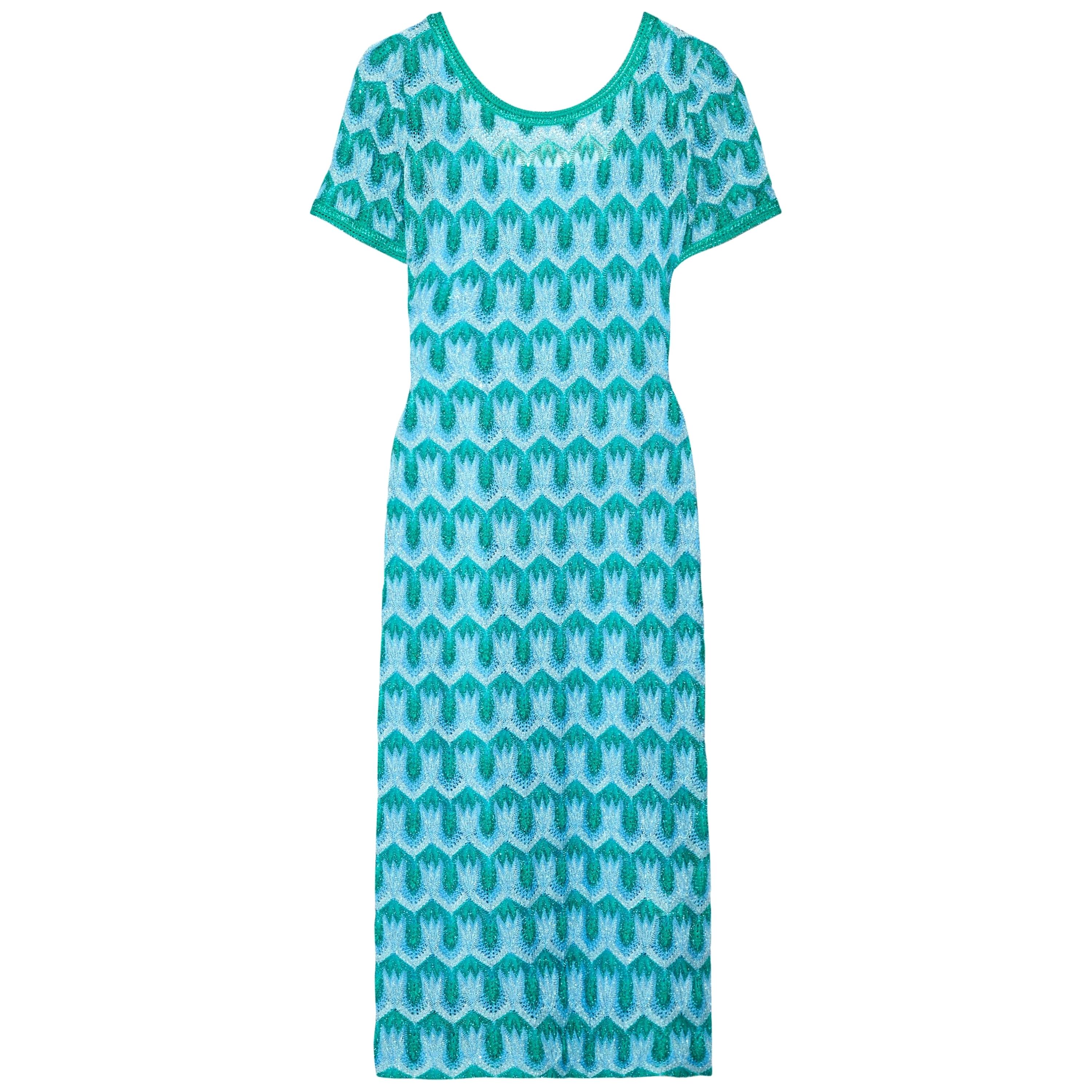 NEW Missoni Metallic Turquoise Aqua Crochet Knit Midi Dress 42 For Sale