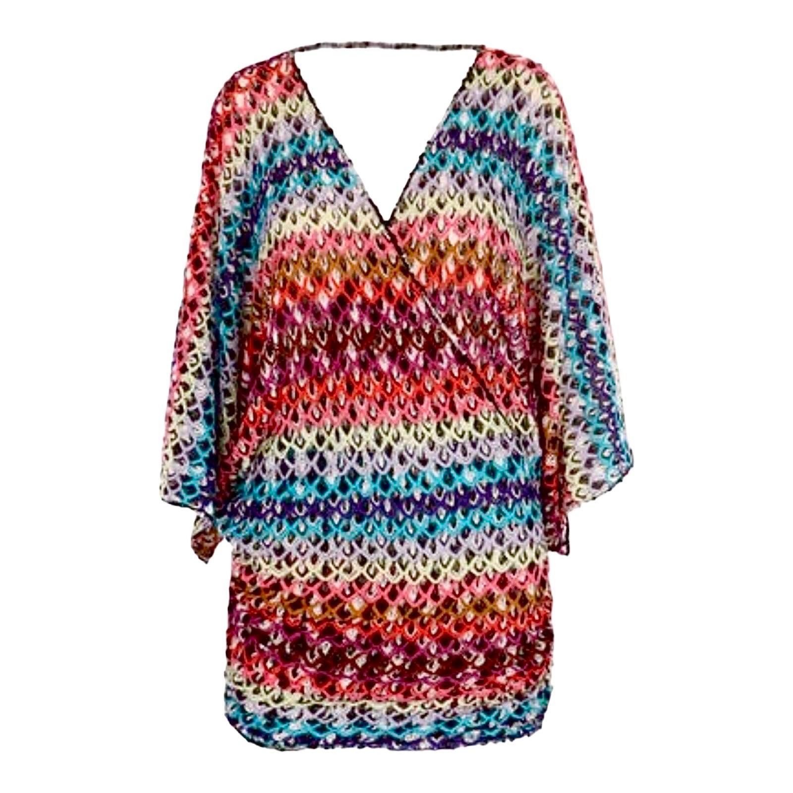 Women's NEW Missoni Multicolor Crochet Knit Mini Kaftan Tunic Dress Cover Up 40 For Sale