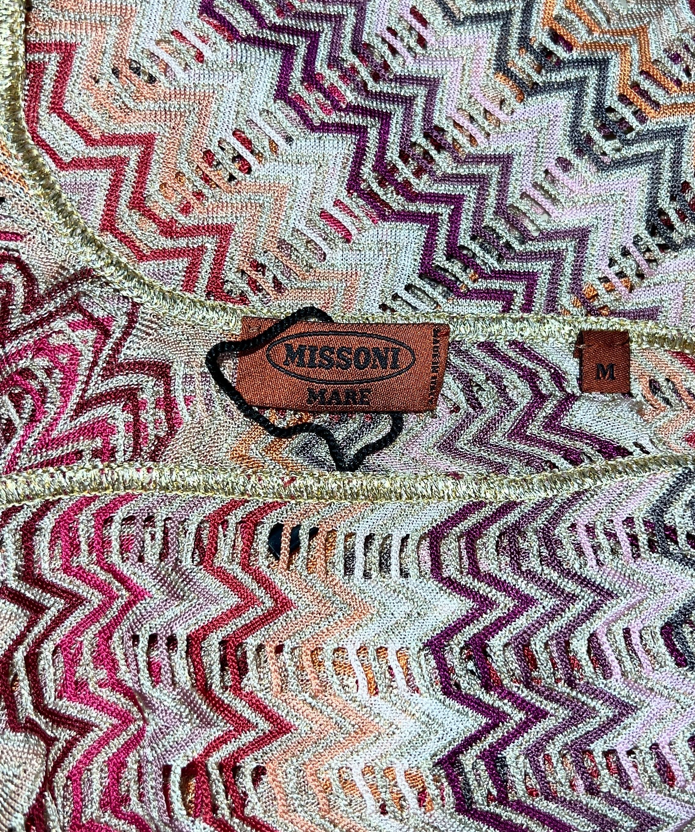 Oro NUOVO Missoni Multicolore Gold Metallic Lurex Crochet Knit Tunic Dress M in vendita