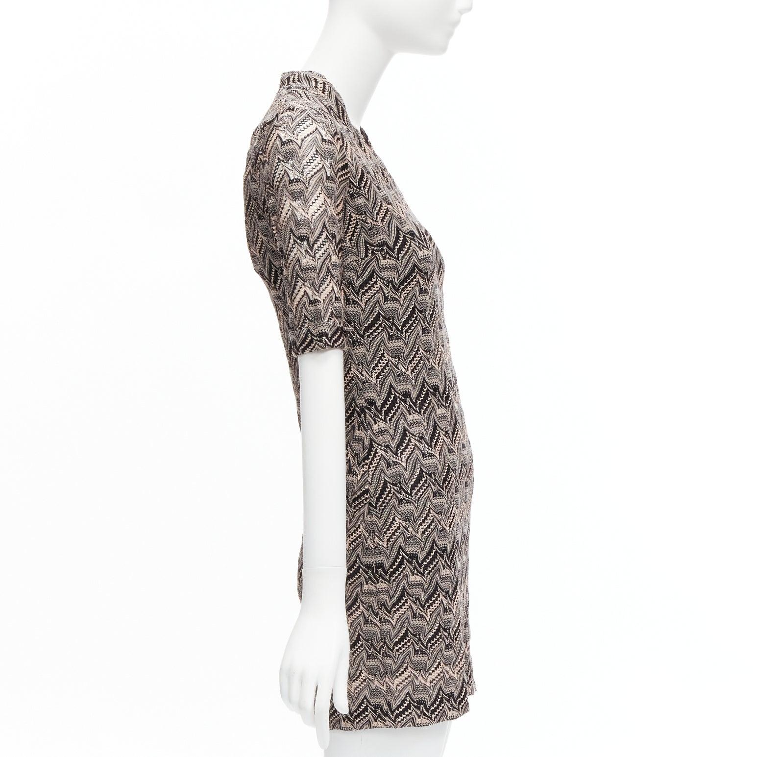 Women's new MISSONI pink black chevron knit lace knit V-neck cuffed sleeve mini dress IT For Sale